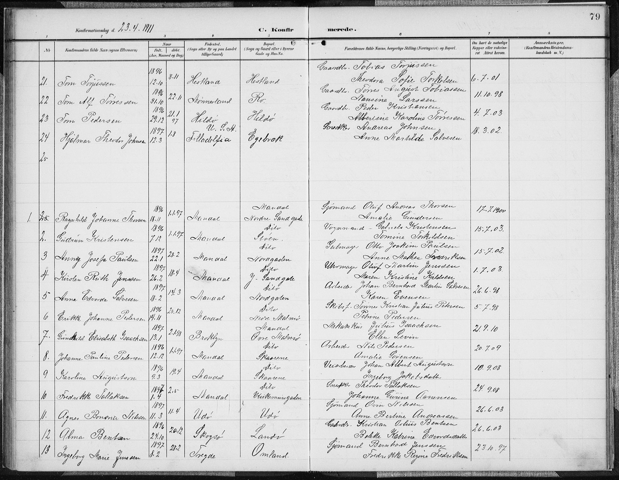 Mandal sokneprestkontor, AV/SAK-1111-0030/F/Fa/Faa/L0019: Parish register (official) no. A 19, 1902-1912, p. 79