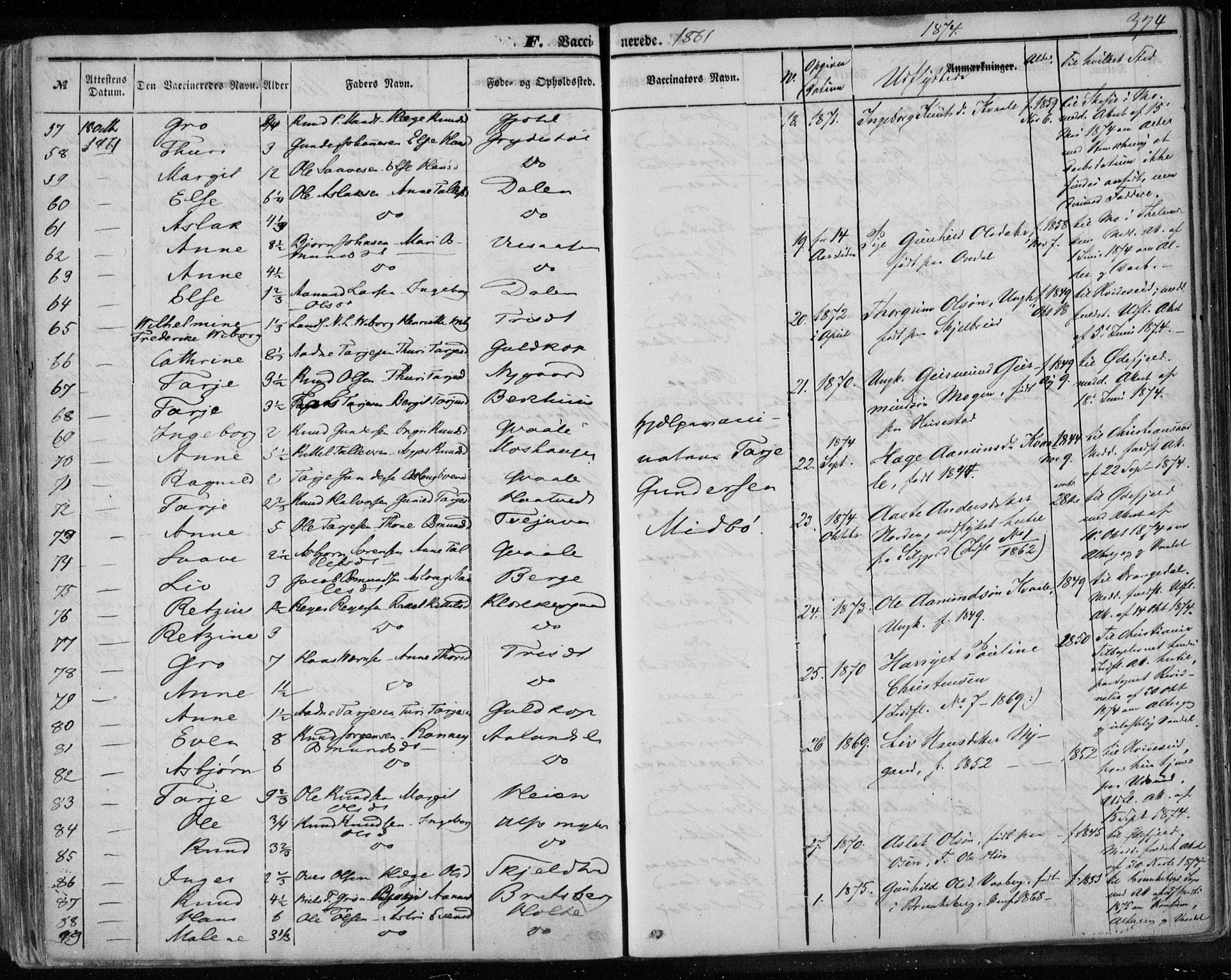 Lårdal kirkebøker, AV/SAKO-A-284/F/Fa/L0006: Parish register (official) no. I 6, 1861-1886, p. 374