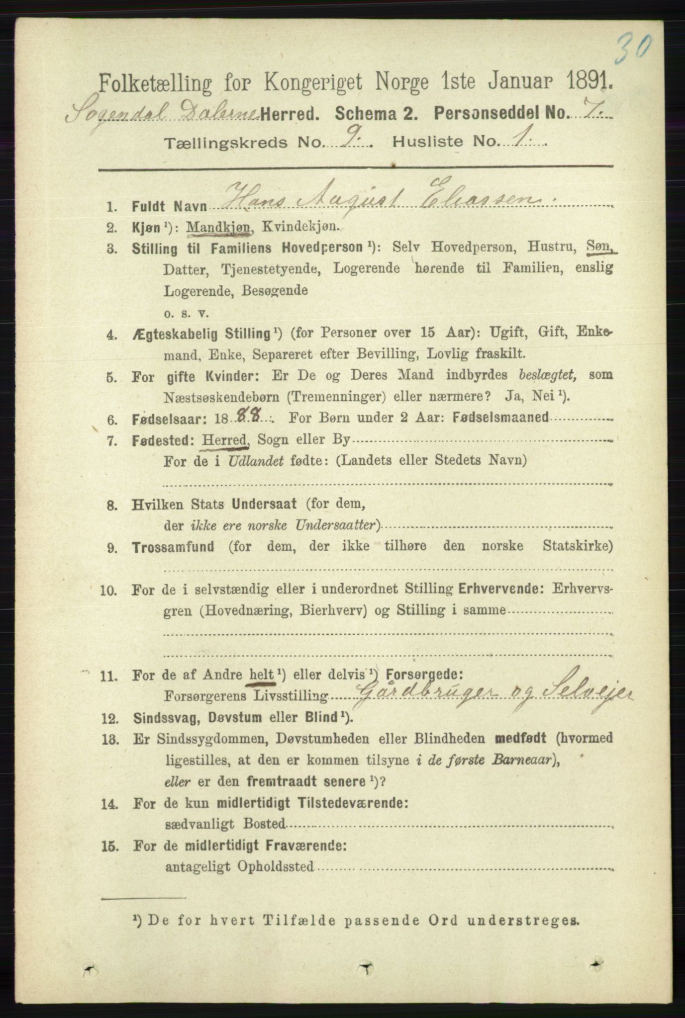 RA, 1891 census for 1111 Sokndal, 1891, p. 3160