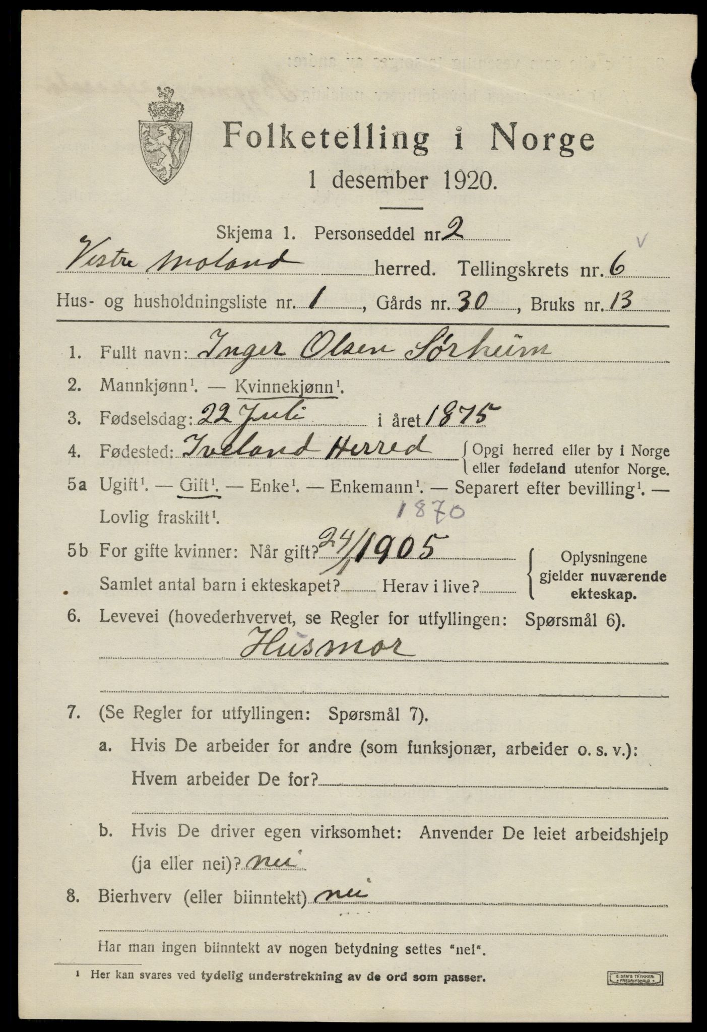 SAK, 1920 census for Vestre Moland, 1920, p. 4607