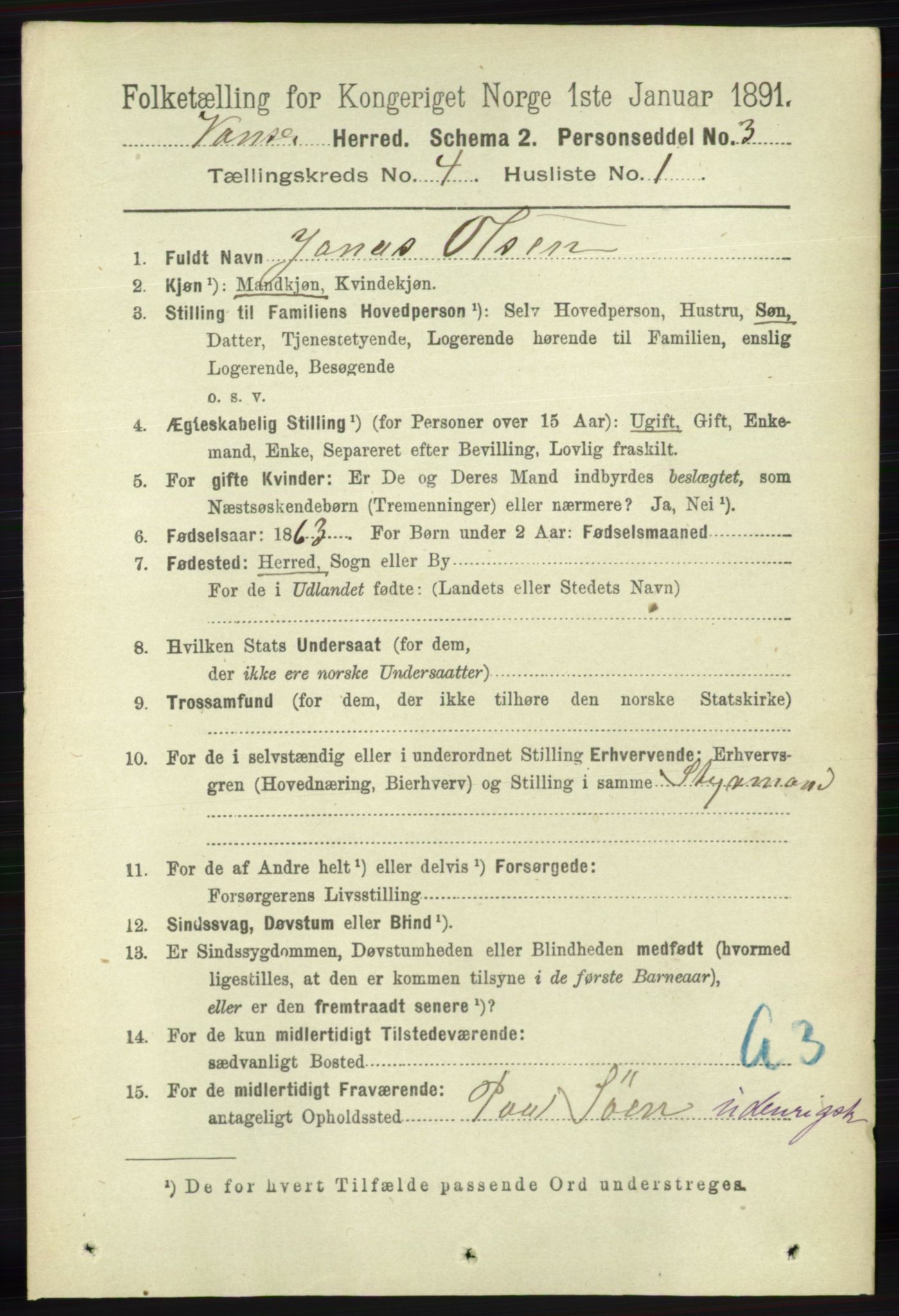 RA, 1891 census for 1041 Vanse, 1891, p. 2145