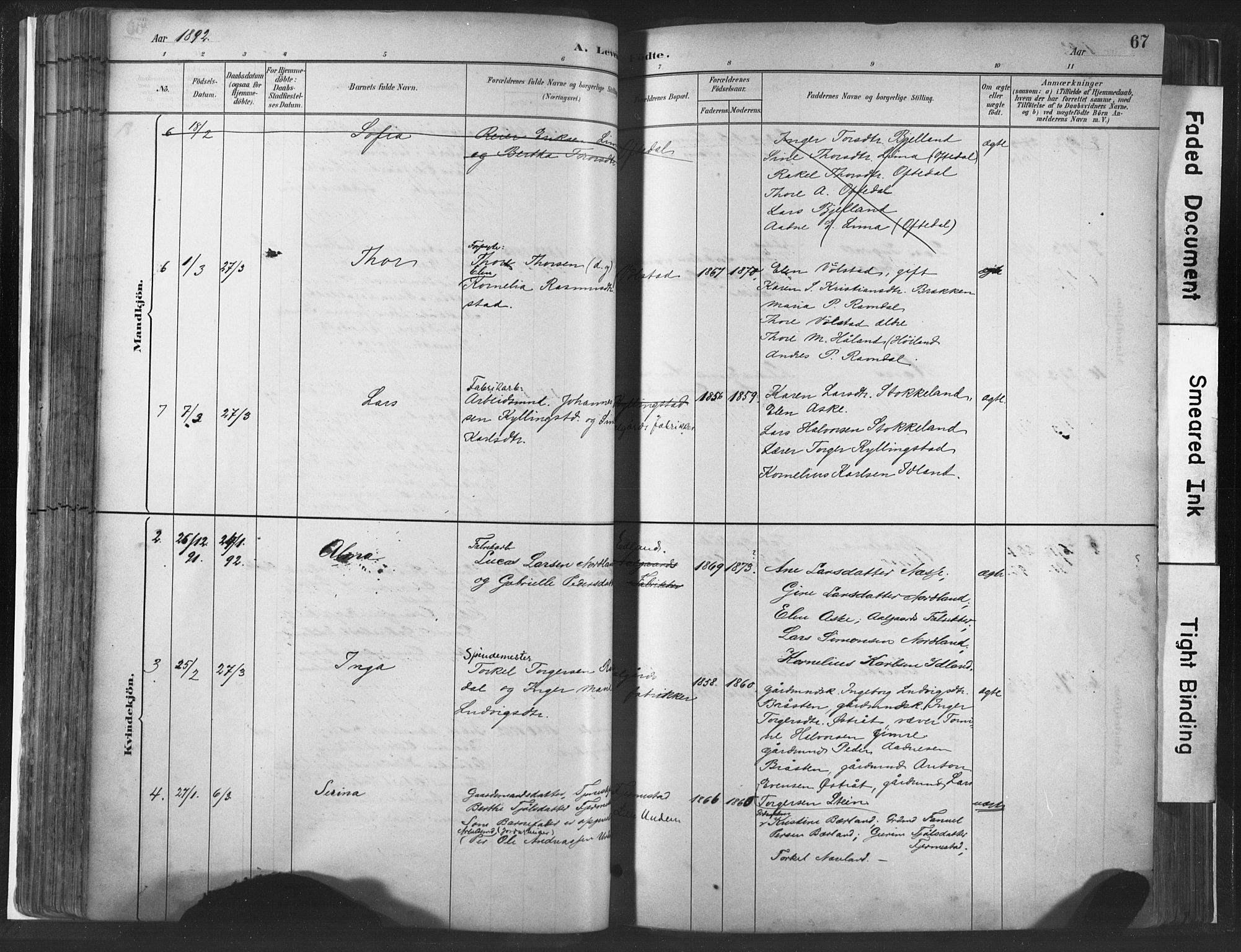 Lye sokneprestkontor, SAST/A-101794/001/30BA/L0010: Parish register (official) no. A 10, 1881-1896, p. 67