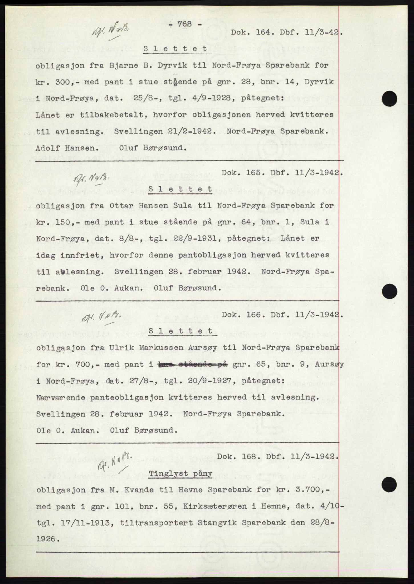 Hitra sorenskriveri, AV/SAT-A-0018/2/2C/2Ca: Mortgage book no. C1, 1936-1945, Diary no: : 164/1942