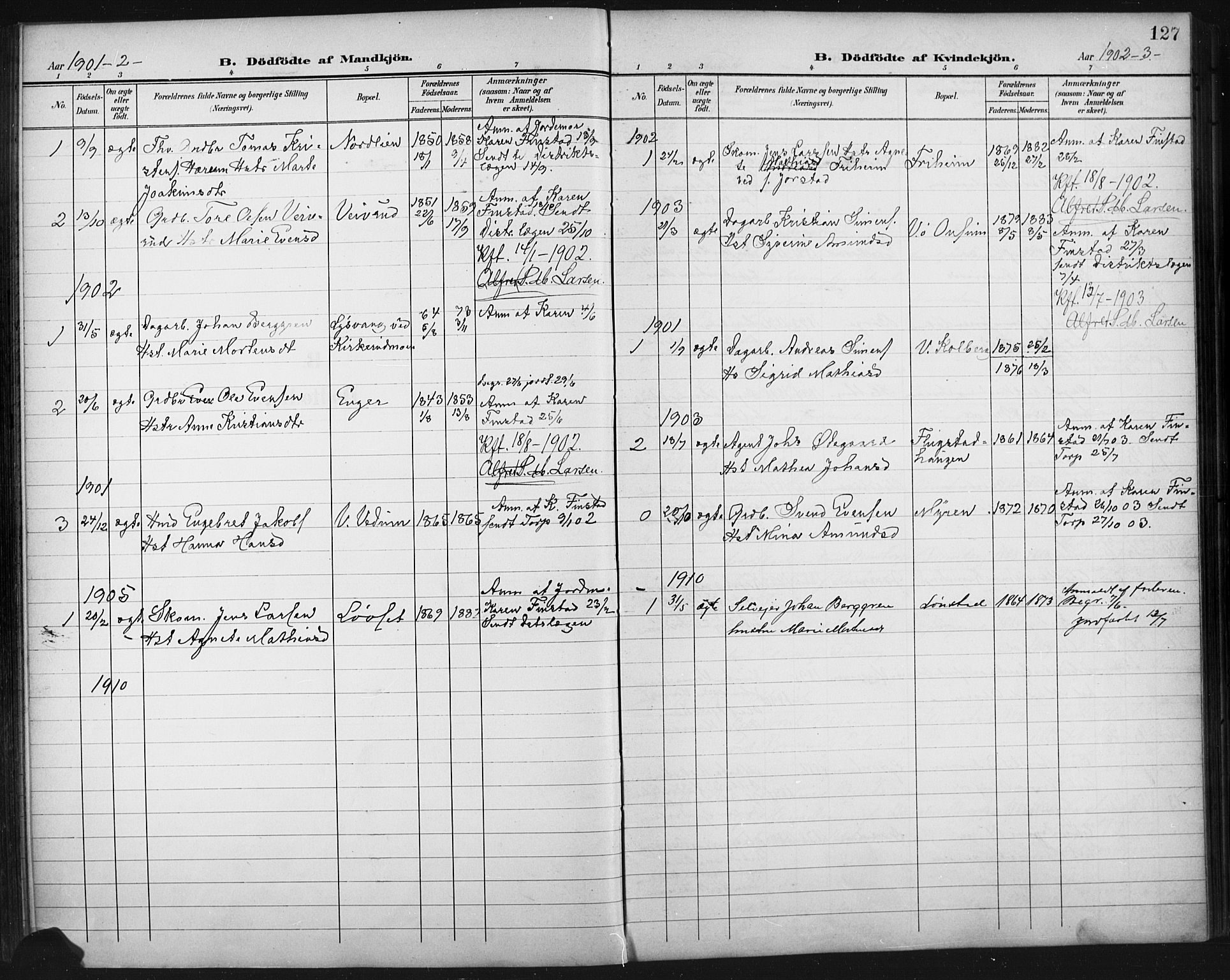 Fåberg prestekontor, AV/SAH-PREST-086/H/Ha/Hab/L0011: Parish register (copy) no. 11, 1901-1921, p. 127