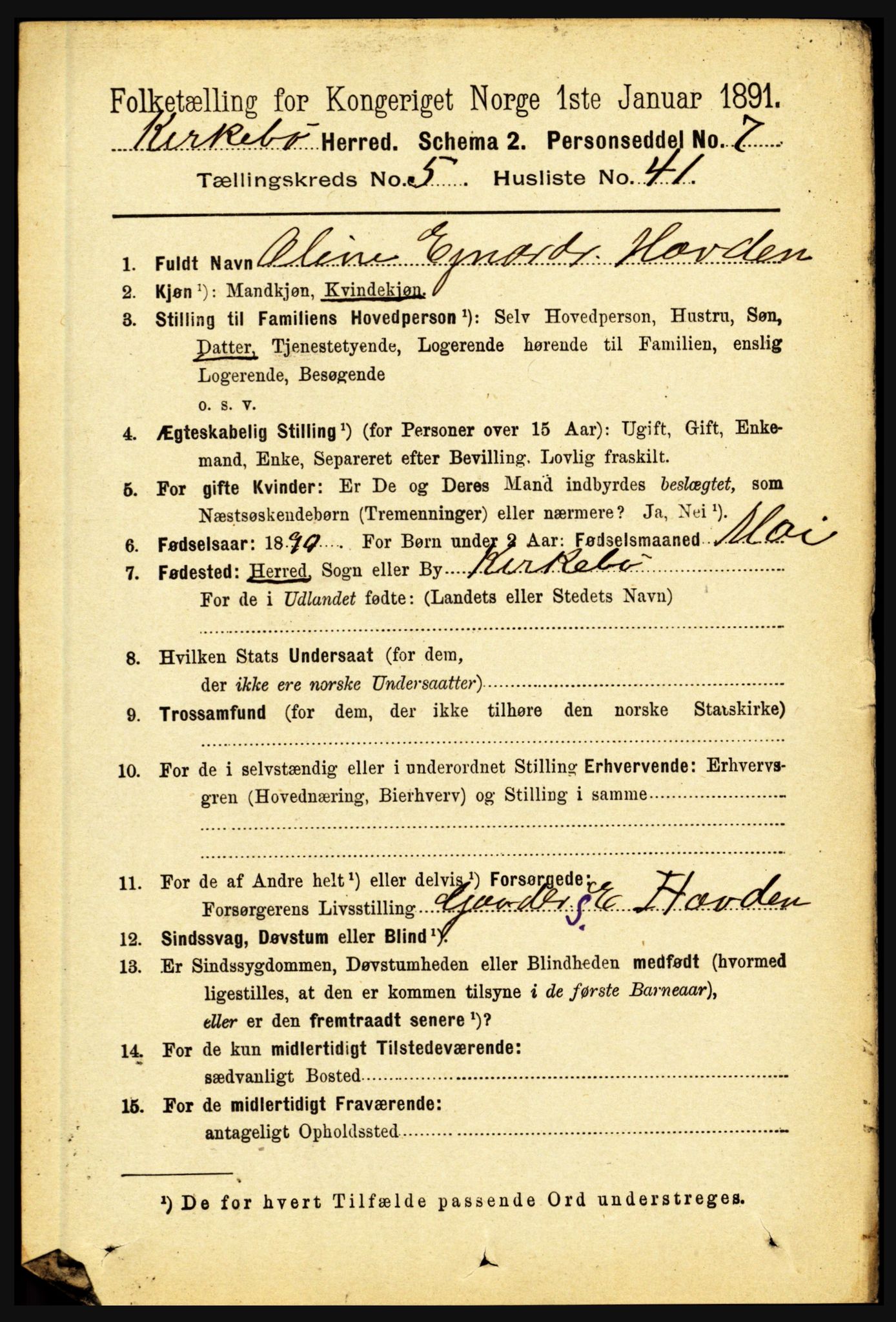 RA, 1891 census for 1416 Kyrkjebø, 1891, p. 1304