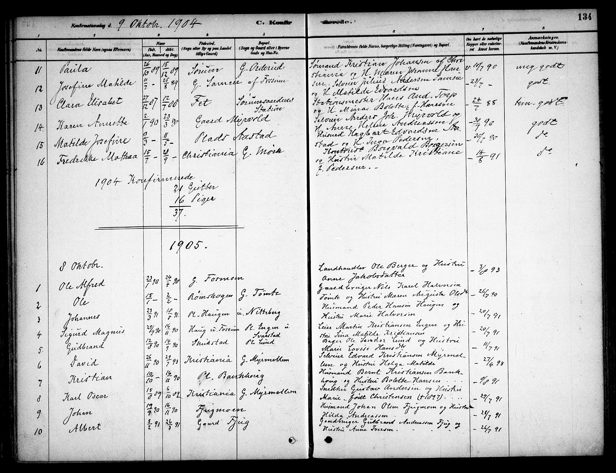 Aurskog prestekontor Kirkebøker, SAO/A-10304a/F/Fb/L0001: Parish register (official) no. II 1, 1878-1909, p. 134