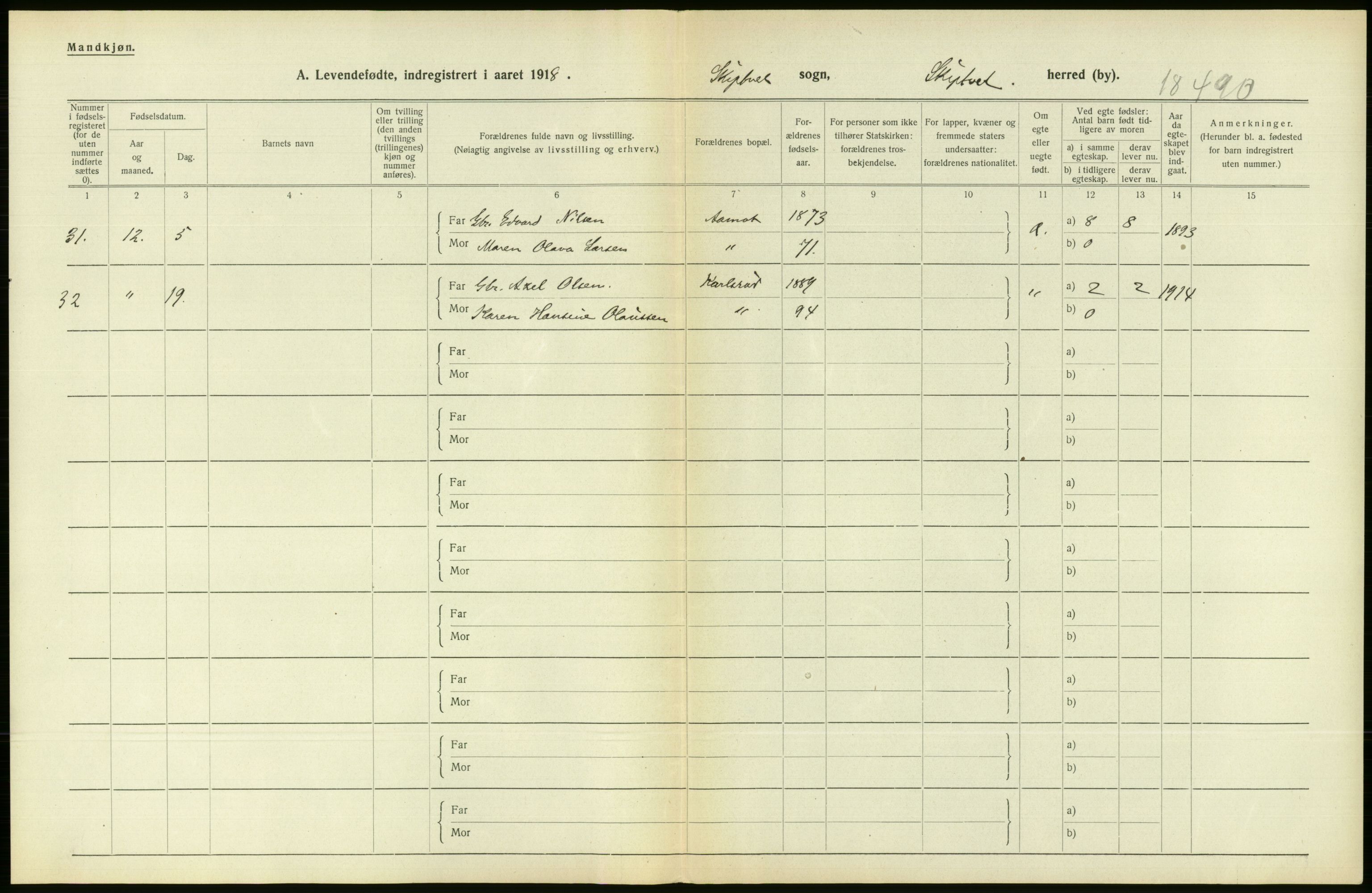 Statistisk sentralbyrå, Sosiodemografiske emner, Befolkning, RA/S-2228/D/Df/Dfb/Dfbh/L0001: Østfold fylke: Levendefødte menn og kvinner. Bygder., 1918, p. 184