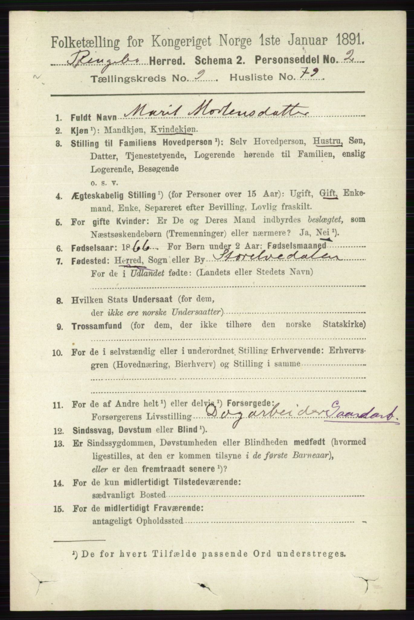 RA, 1891 census for 0520 Ringebu, 1891, p. 4727