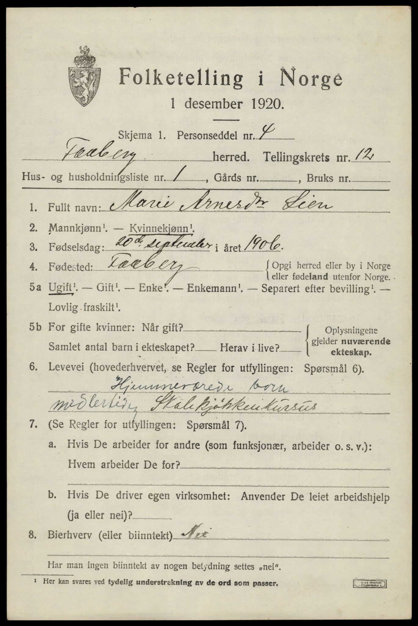 SAH, 1920 census for Fåberg, 1920, p. 12726