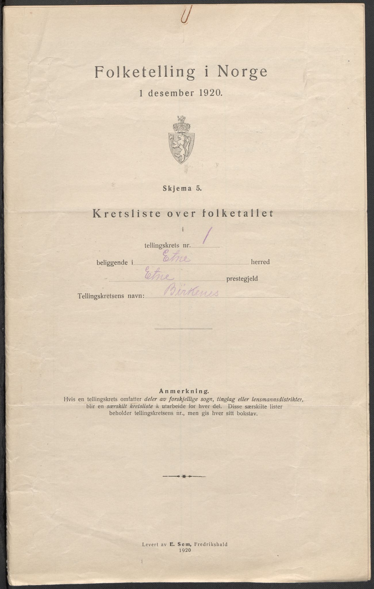 SAB, 1920 census for Etne, 1920, p. 5