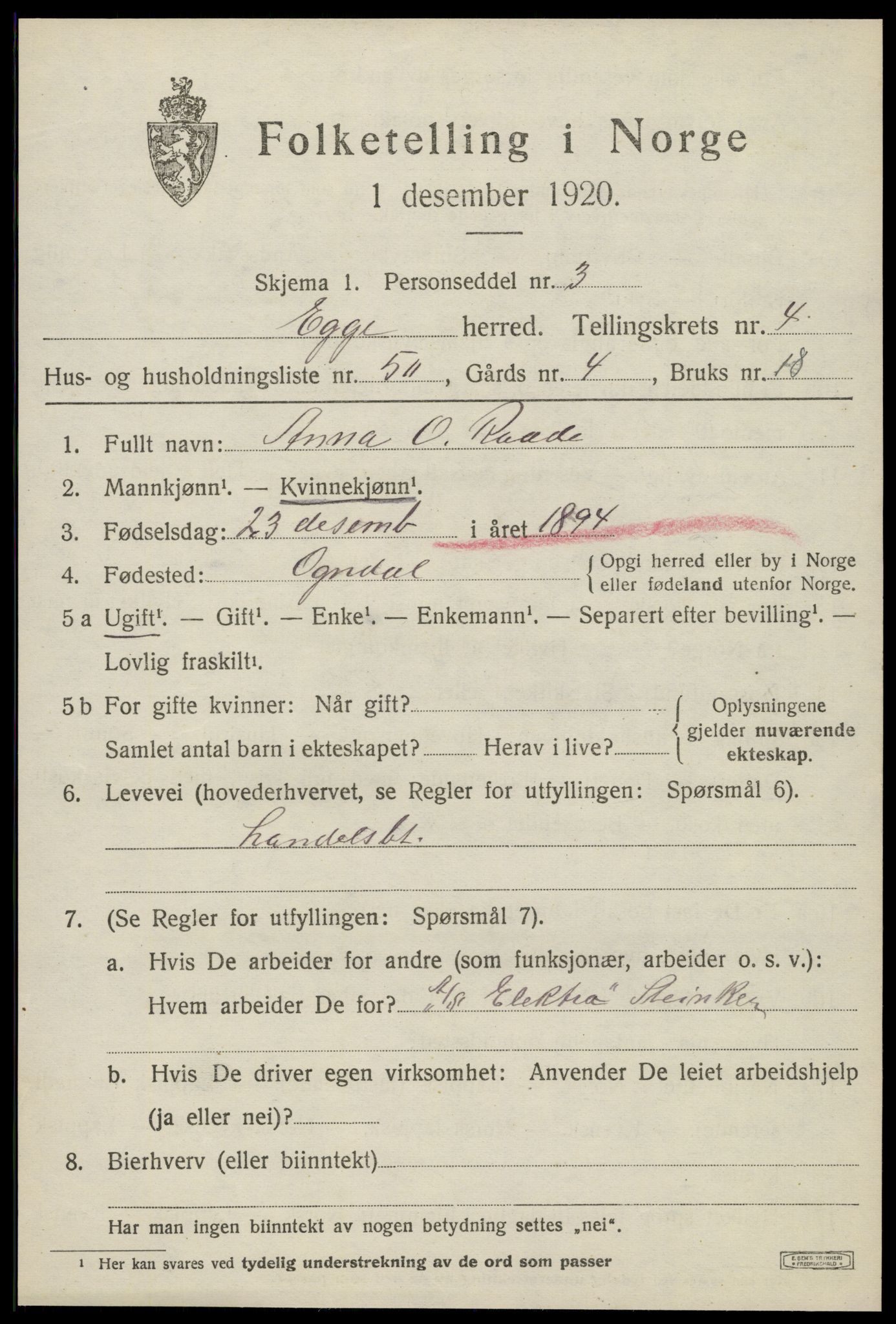 SAT, 1920 census for Egge, 1920, p. 3062