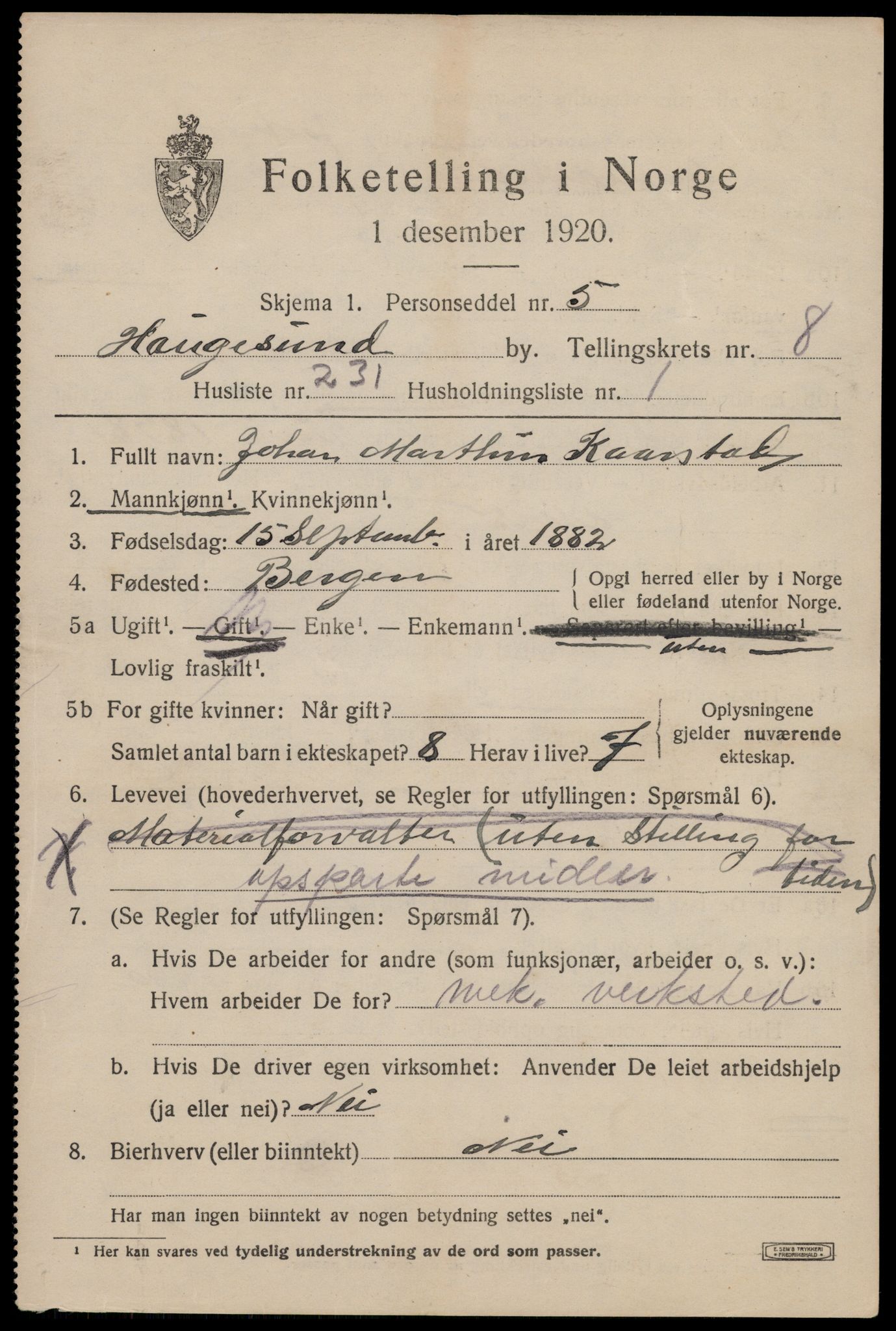 SAST, 1920 census for Haugesund, 1920, p. 32171