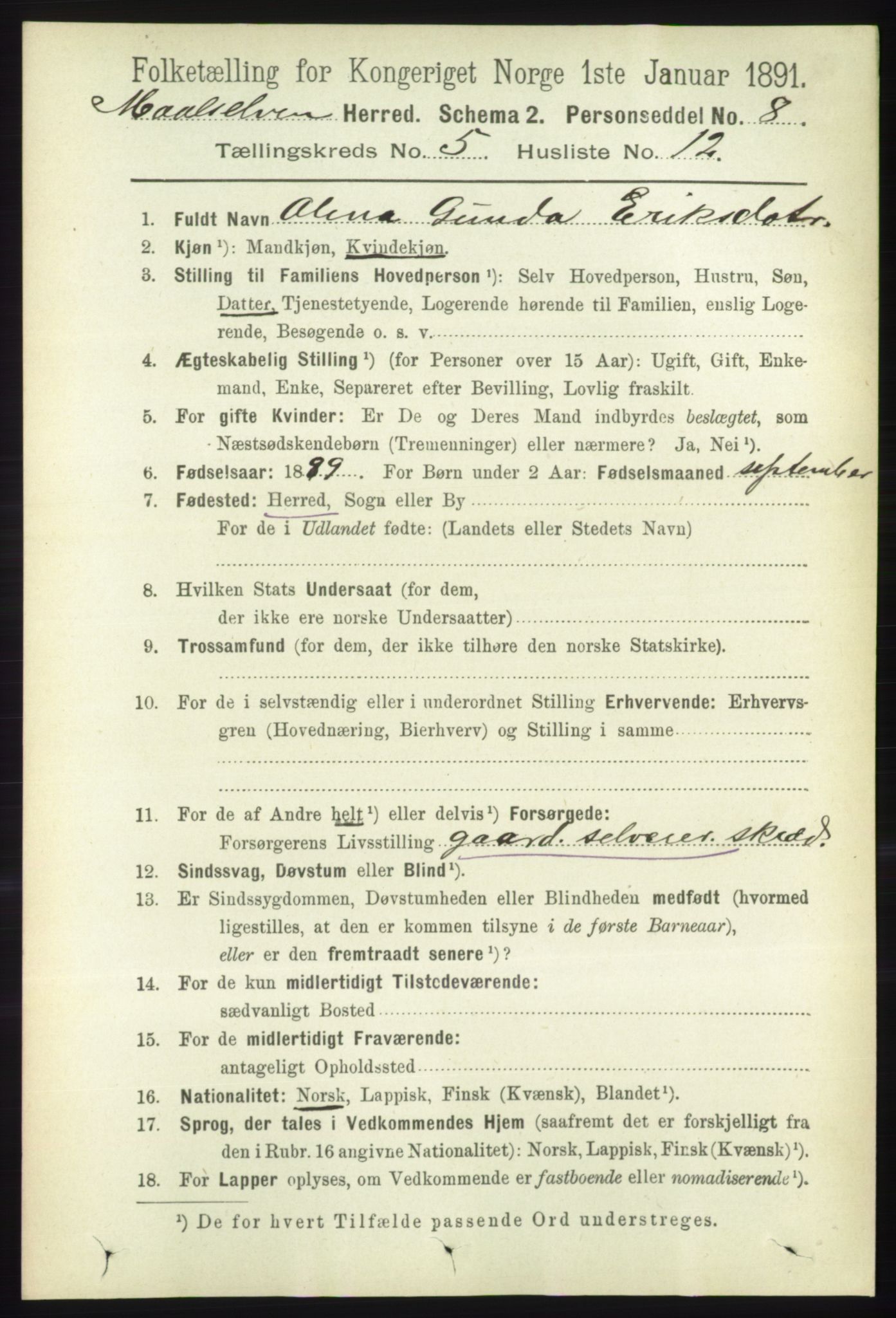 RA, 1891 census for 1924 Målselv, 1891, p. 1711