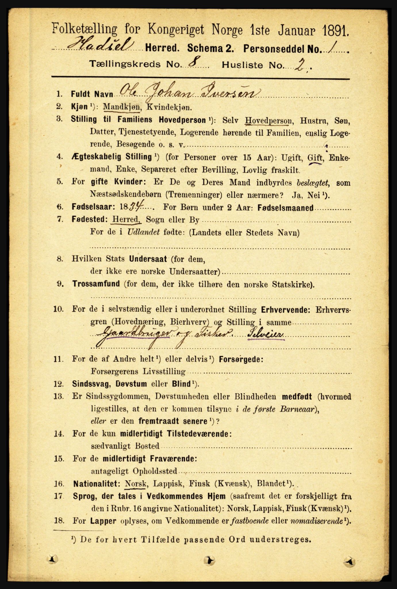 RA, 1891 census for 1866 Hadsel, 1891, p. 3585