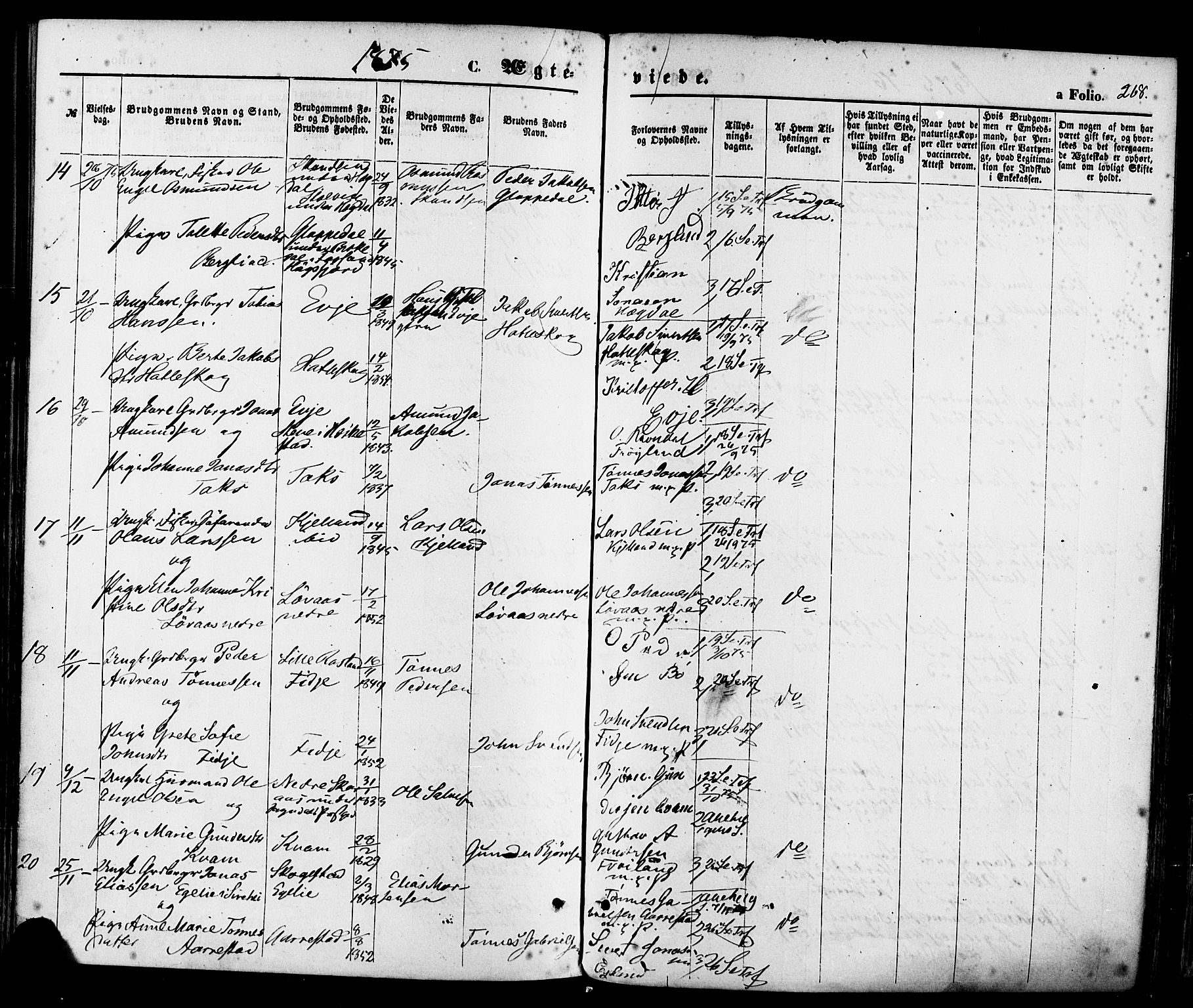 Sokndal sokneprestkontor, AV/SAST-A-101808: Parish register (official) no. A 10, 1874-1886, p. 268