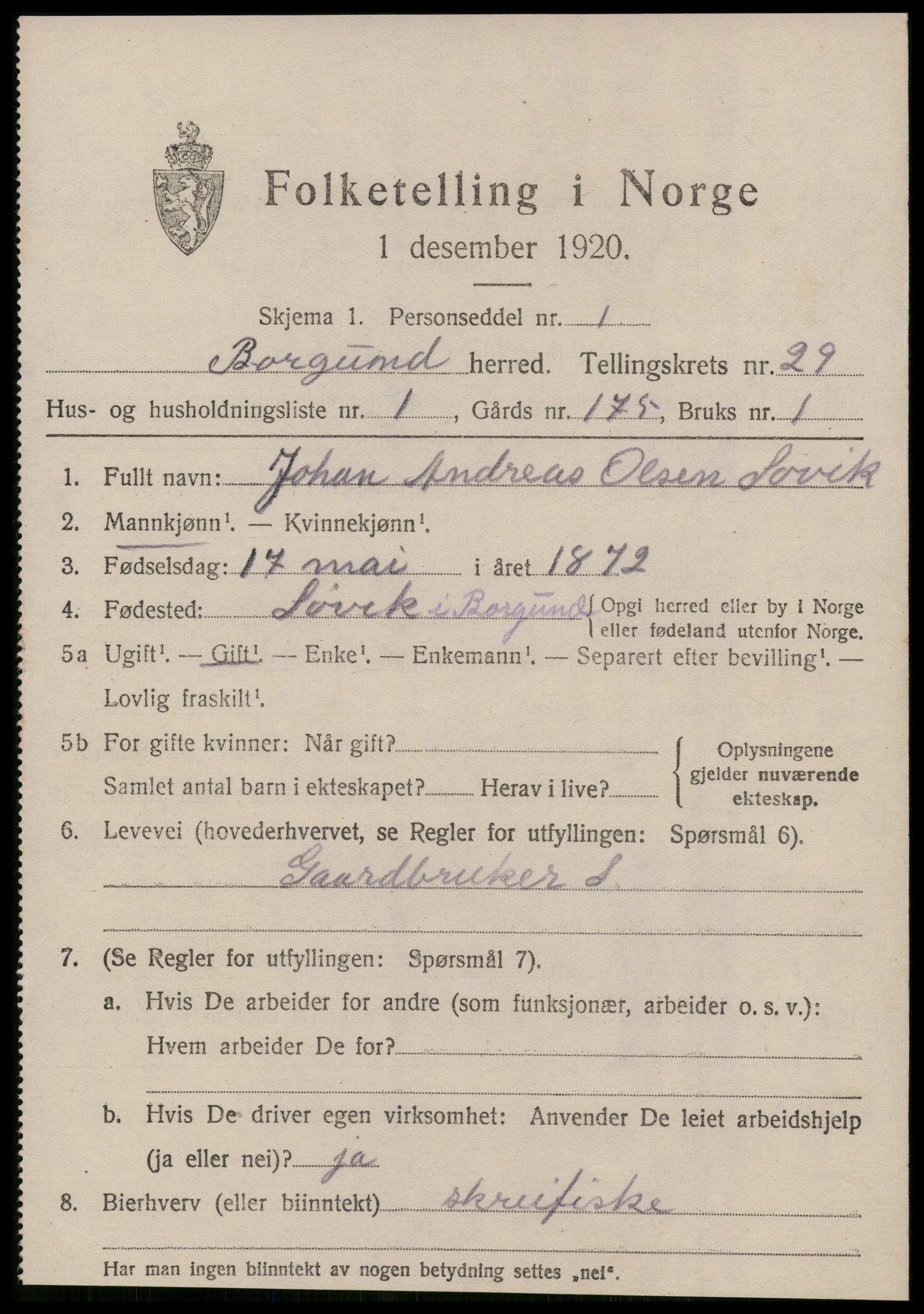 SAT, 1920 census for Borgund, 1920, p. 18632