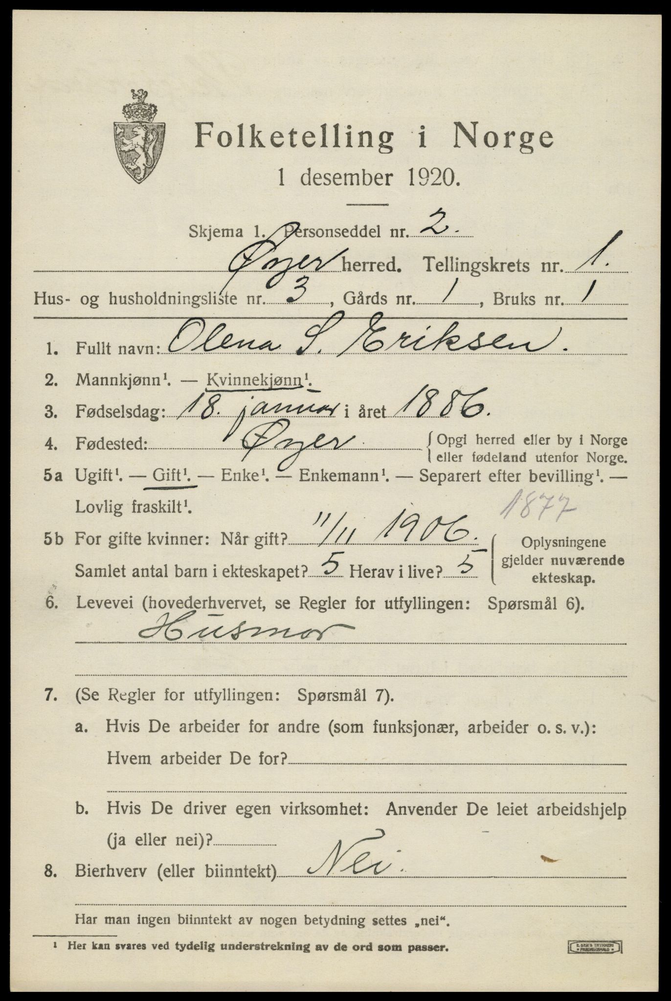 SAH, 1920 census for Øyer, 1920, p. 1229