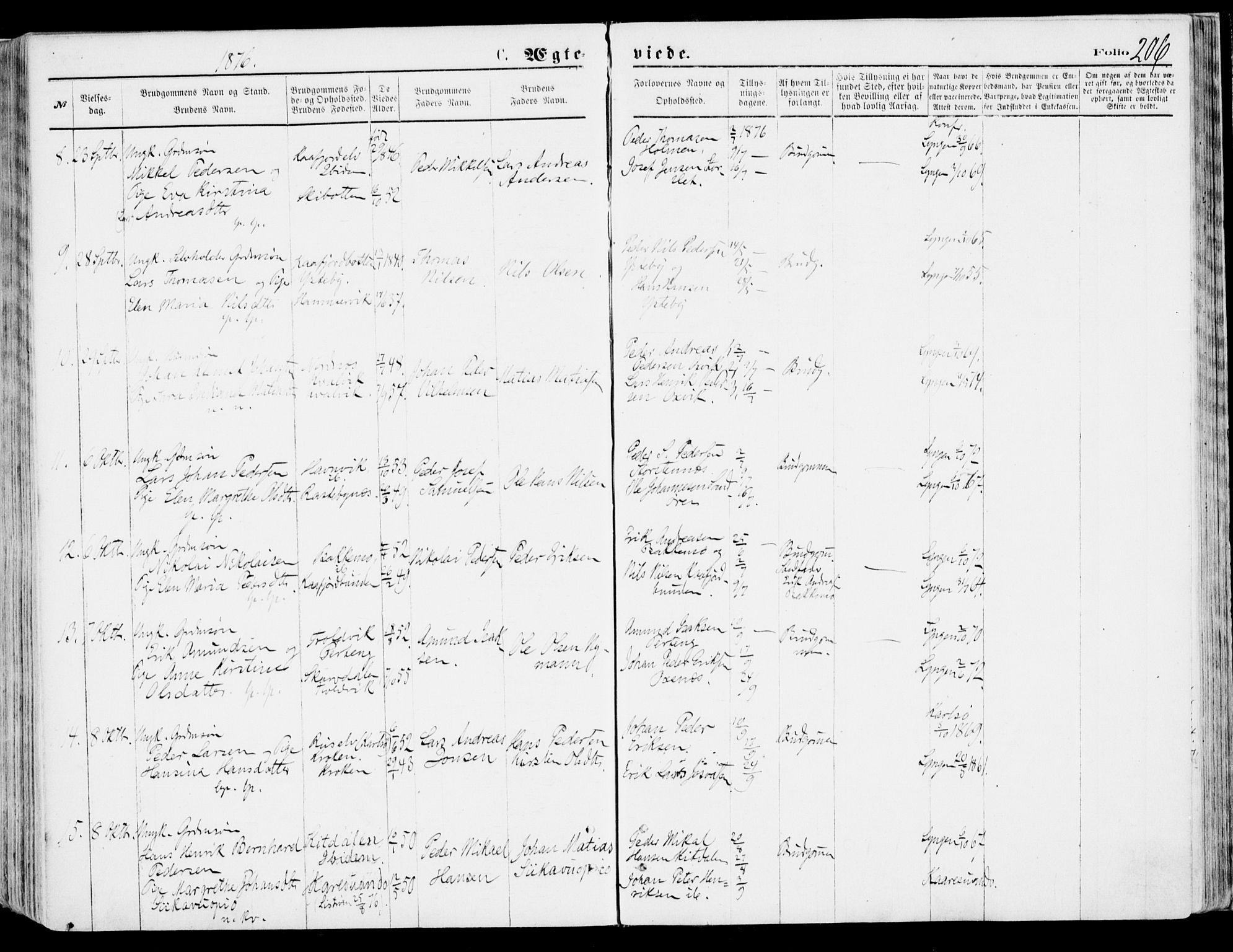 Lyngen sokneprestembete, AV/SATØ-S-1289/H/He/Hea/L0006kirke: Parish register (official) no. 6, 1870-1878, p. 206