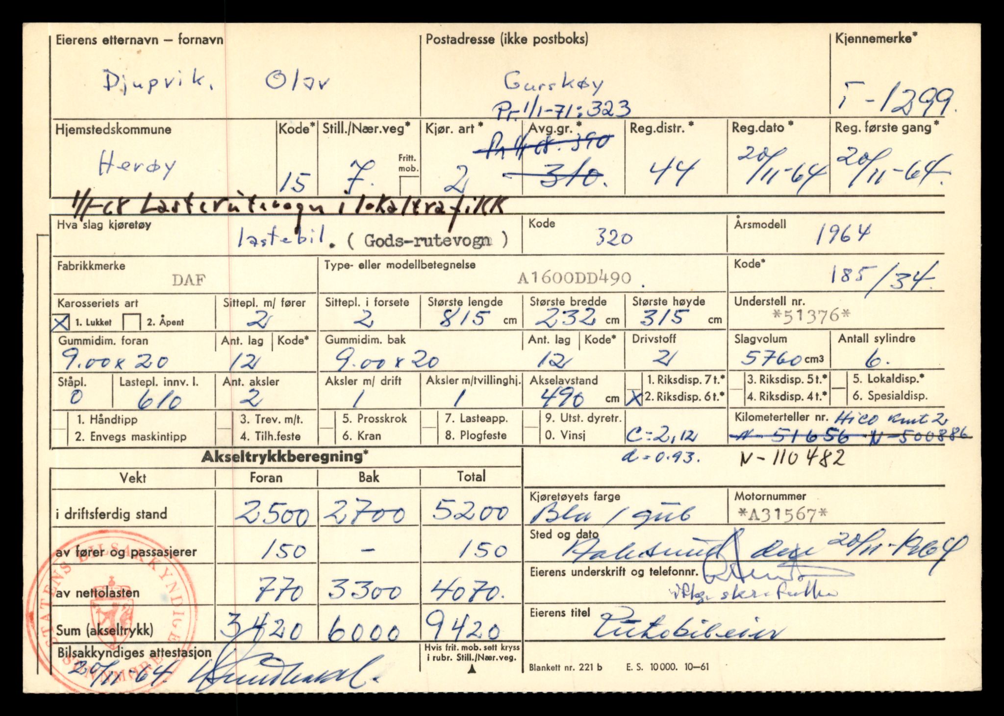 Møre og Romsdal vegkontor - Ålesund trafikkstasjon, SAT/A-4099/F/Fe/L0012: Registreringskort for kjøretøy T 1290 - T 1450, 1927-1998, p. 165