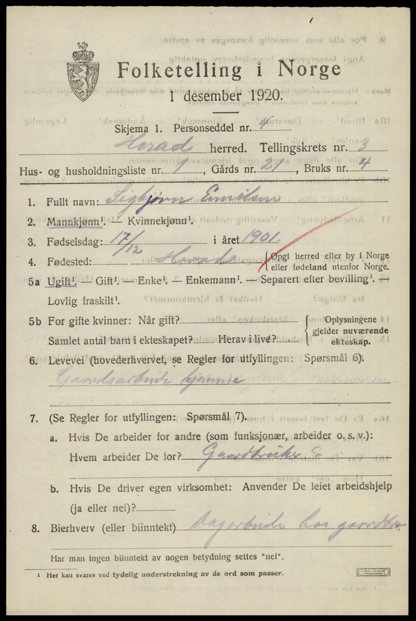 SAK, 1920 census for Herad, 1920, p. 1340