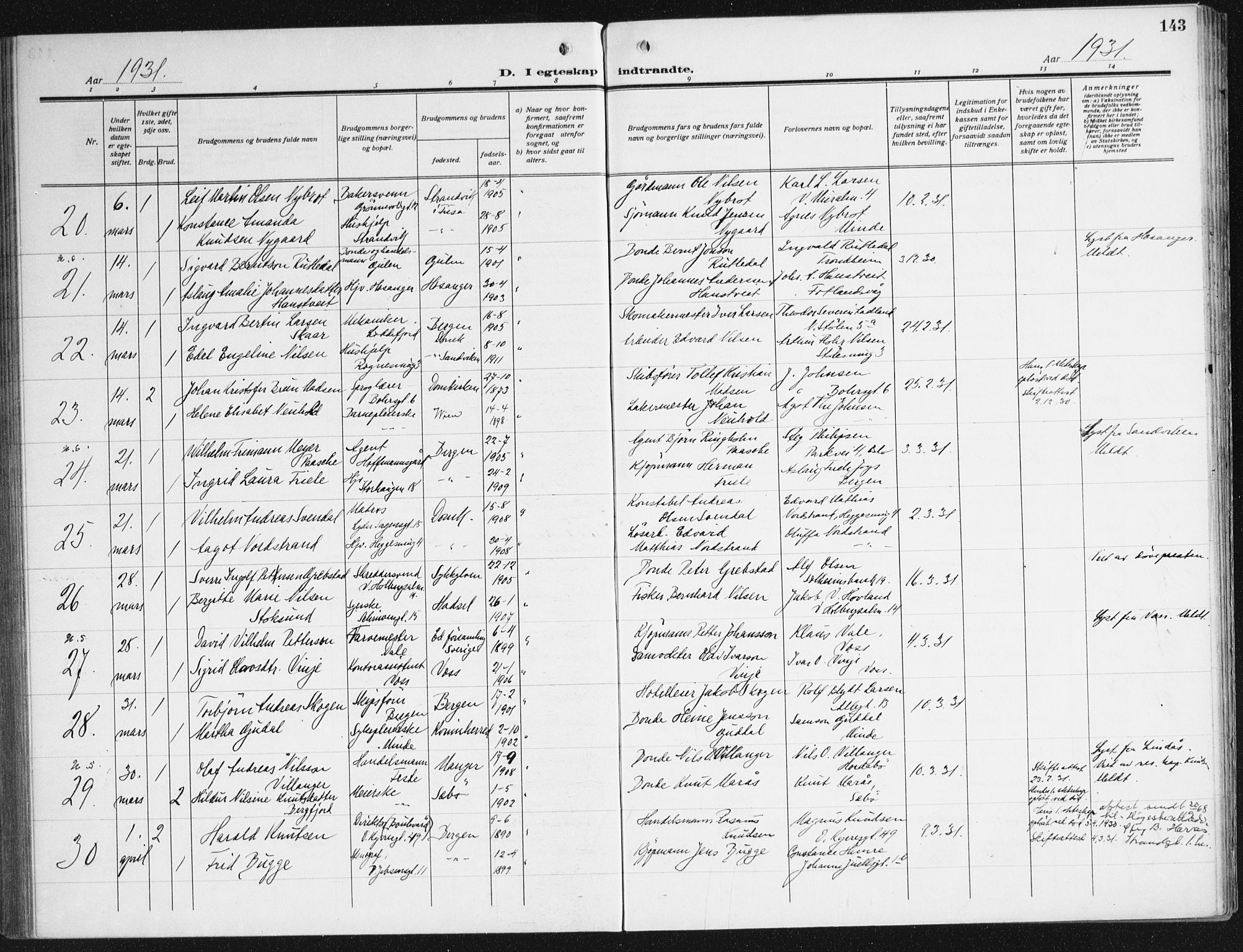 Domkirken sokneprestembete, AV/SAB-A-74801/H/Haa/L0039: Parish register (official) no. D 6, 1921-1937, p. 143