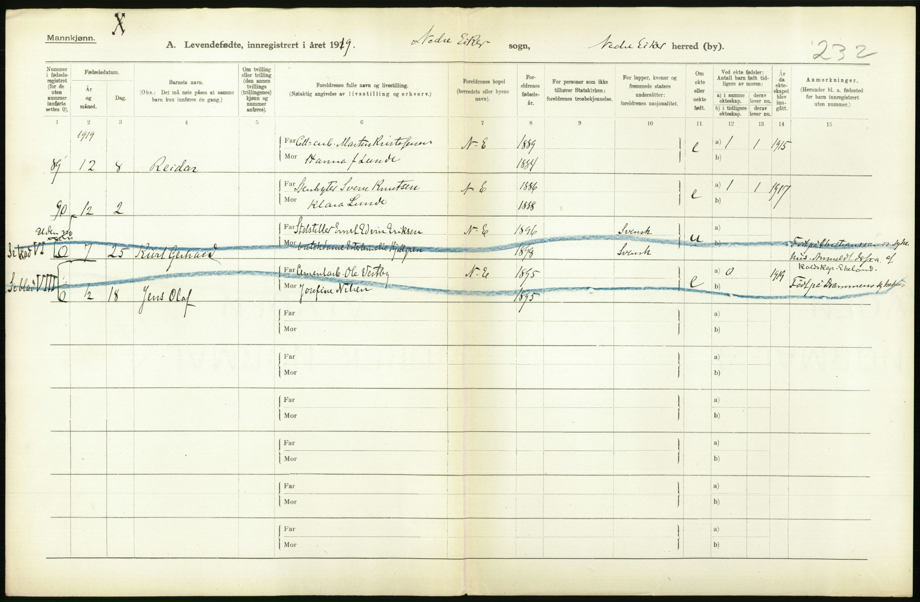 Statistisk sentralbyrå, Sosiodemografiske emner, Befolkning, RA/S-2228/D/Df/Dfb/Dfbi/L0016: Buskerud fylke: Levendefødte menn og kvinner. Bygder., 1919, p. 366