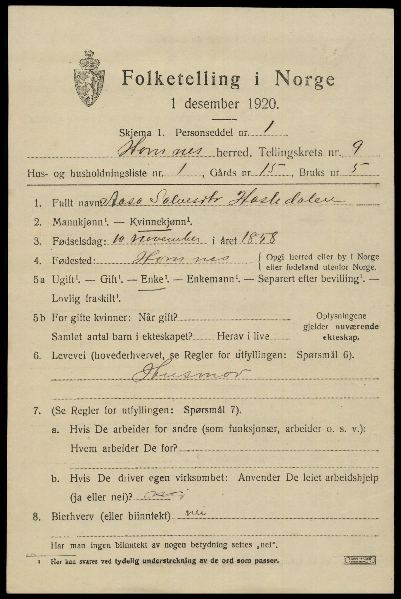 SAK, 1920 census for Hornnes, 1920, p. 2191