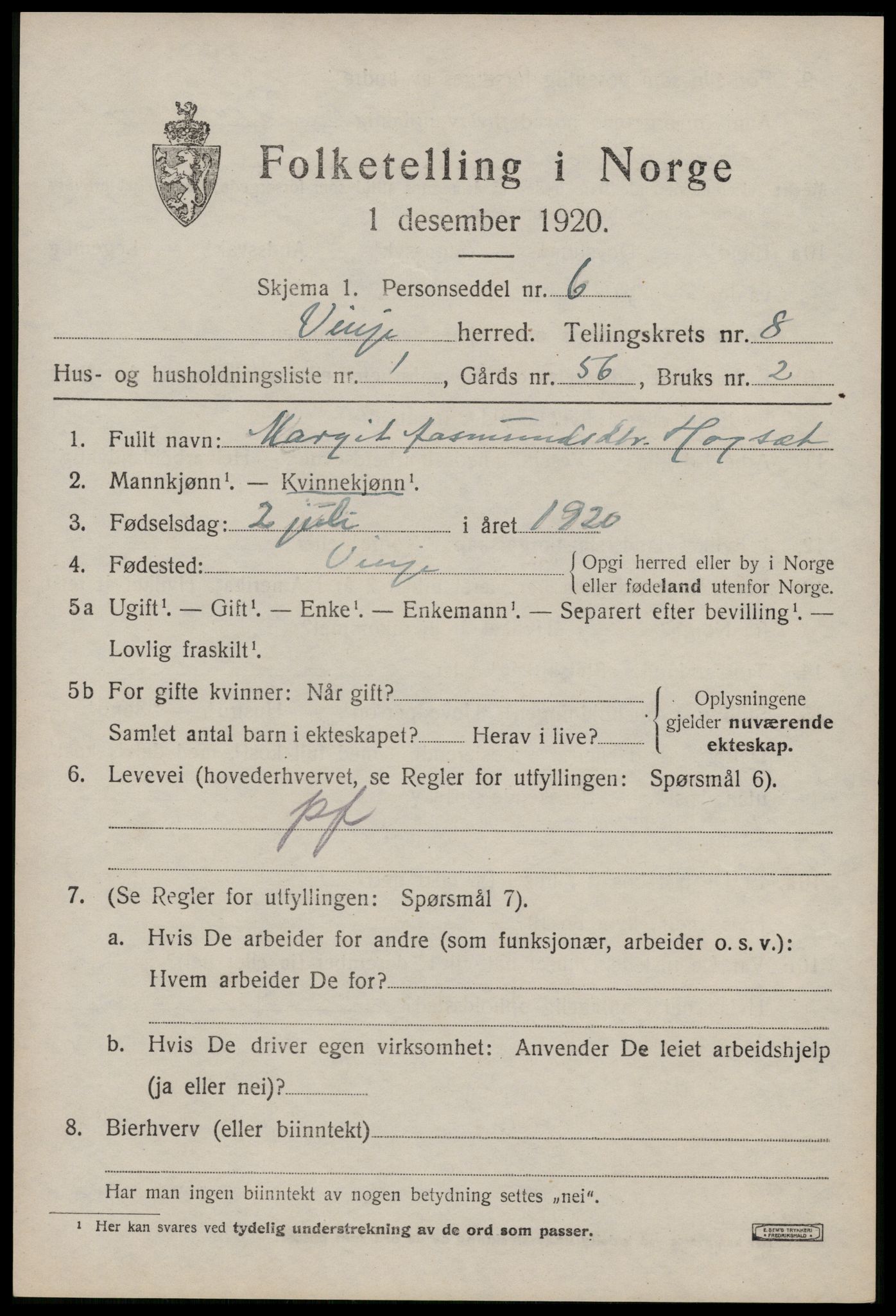 SAKO, 1920 census for Vinje, 1920, p. 2207