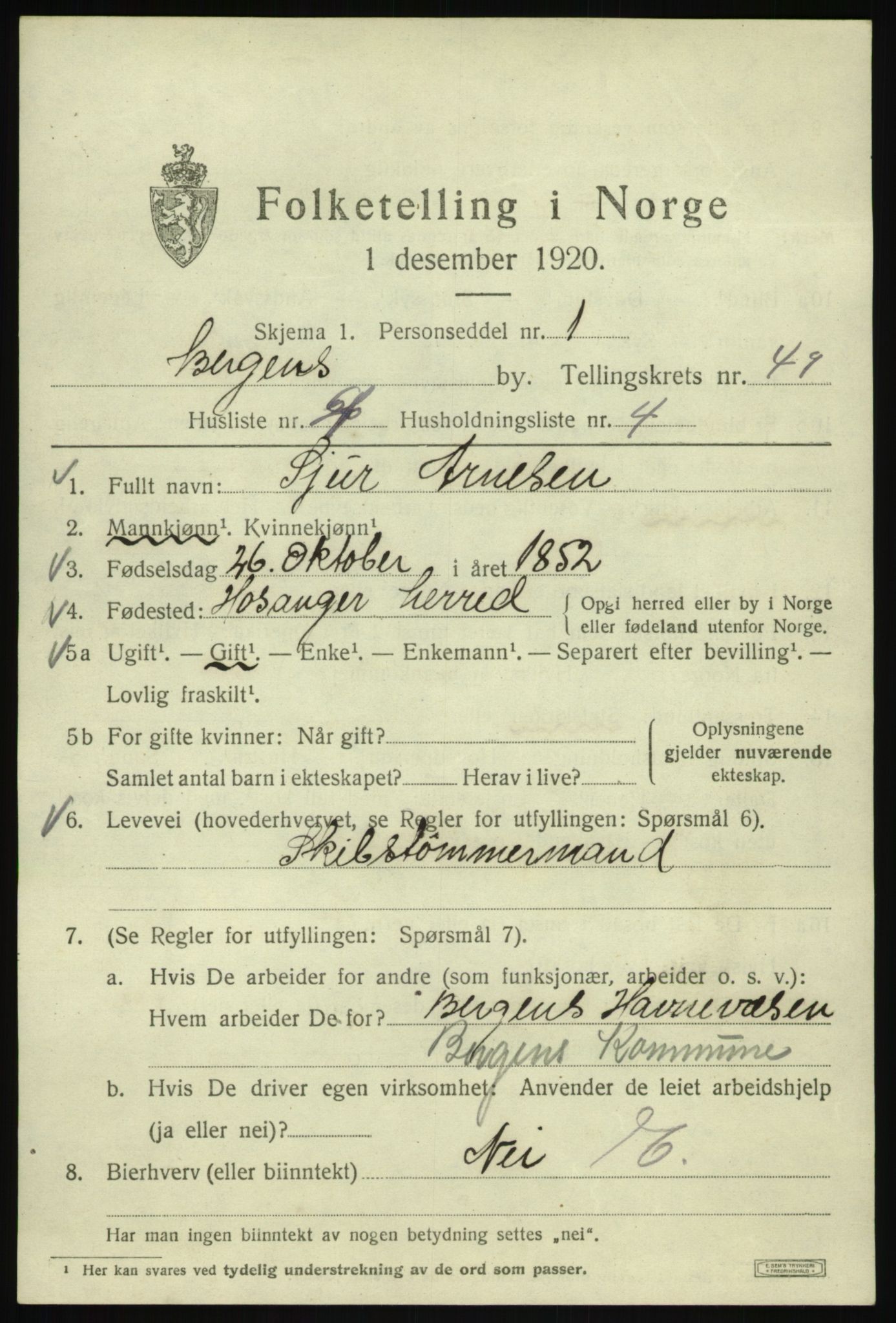 SAB, 1920 census for Bergen, 1920, p. 118192