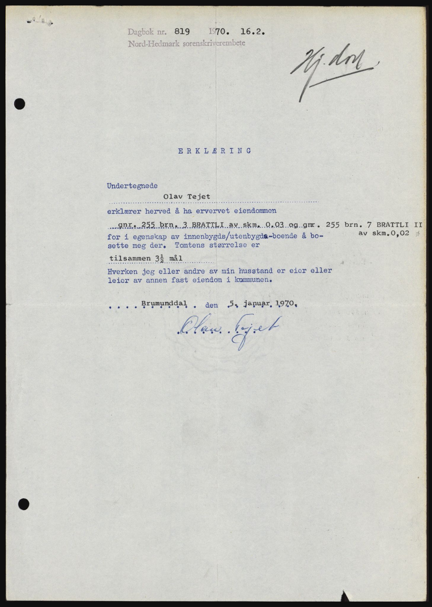 Nord-Hedmark sorenskriveri, SAH/TING-012/H/Hc/L0033: Mortgage book no. 33, 1970-1970, Diary no: : 819/1970