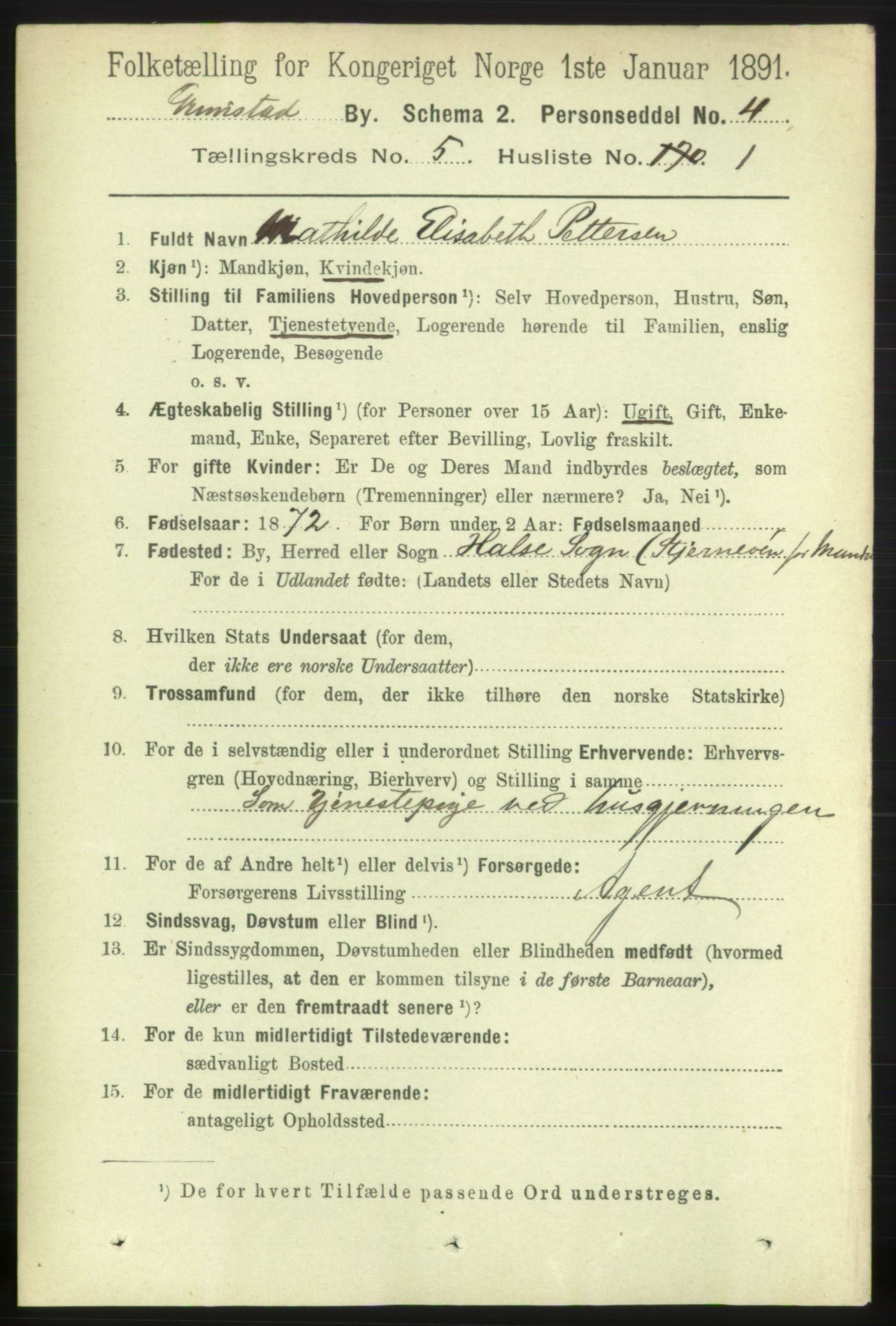 RA, 1891 census for 0904 Grimstad, 1891, p. 3012