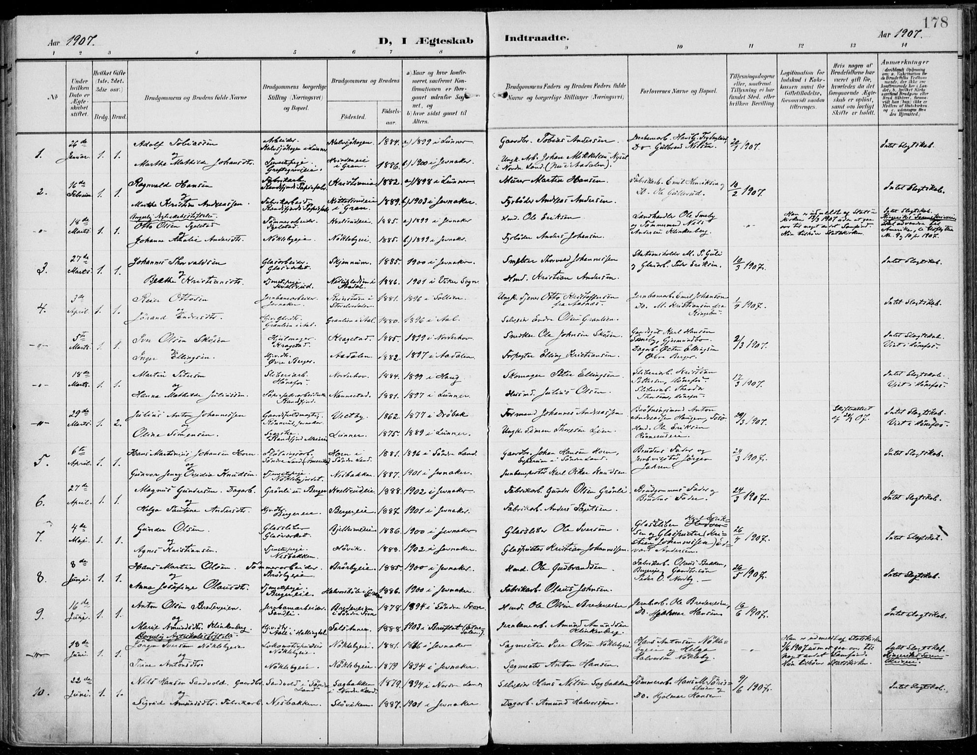 Jevnaker prestekontor, SAH/PREST-116/H/Ha/Haa/L0011: Parish register (official) no. 11, 1902-1913, p. 178