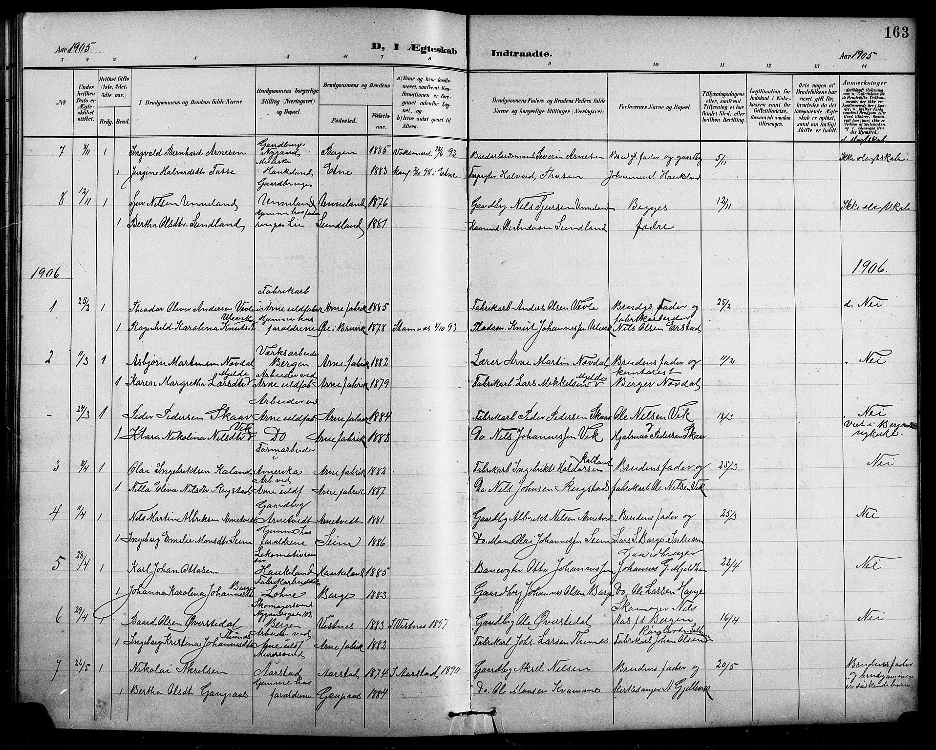 Arna Sokneprestembete, SAB/A-74001/H/Ha/Hab: Parish register (copy) no. A 4, 1898-1910, p. 163