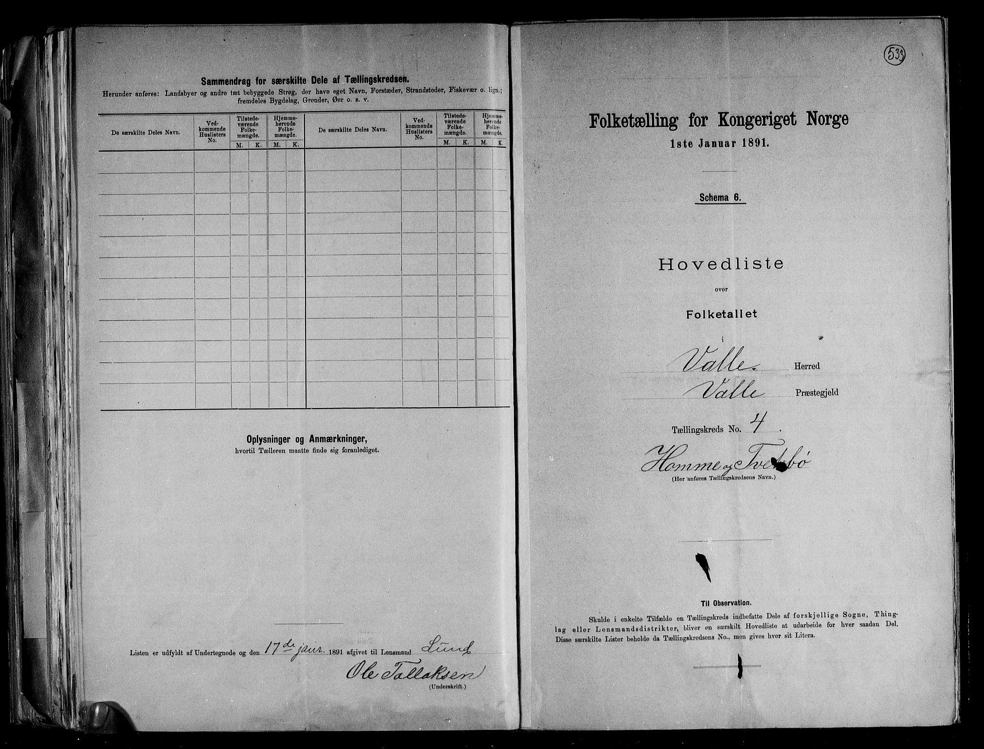 RA, 1891 census for 0940 Valle, 1891, p. 11