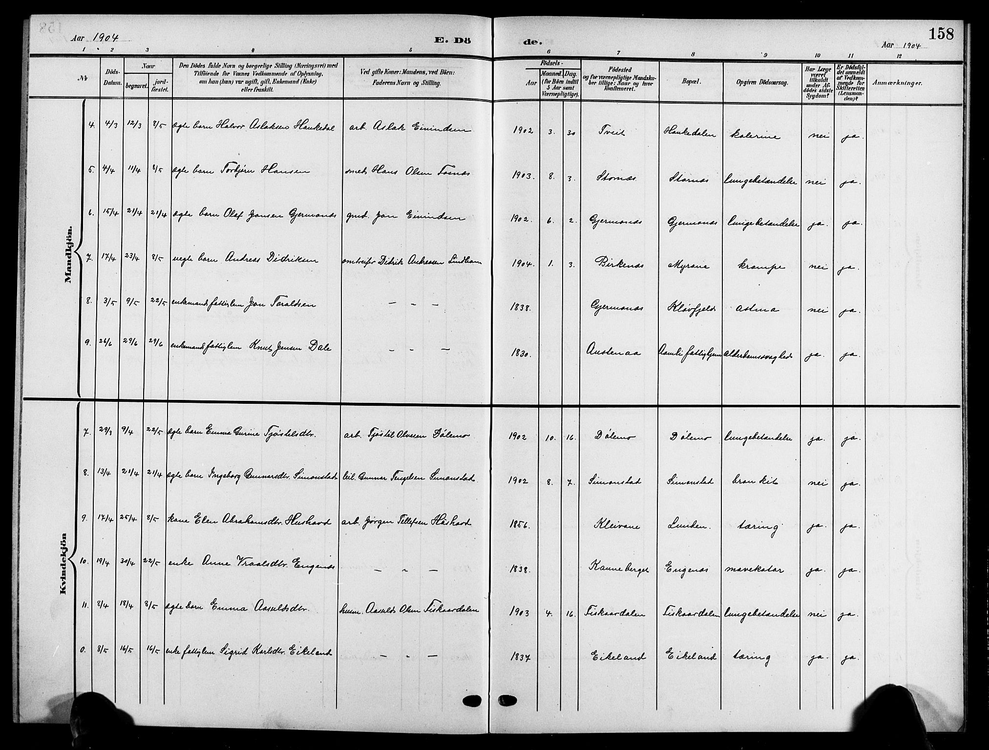 Åmli sokneprestkontor, AV/SAK-1111-0050/F/Fb/Fbc/L0005: Parish register (copy) no. B 5, 1903-1916, p. 158