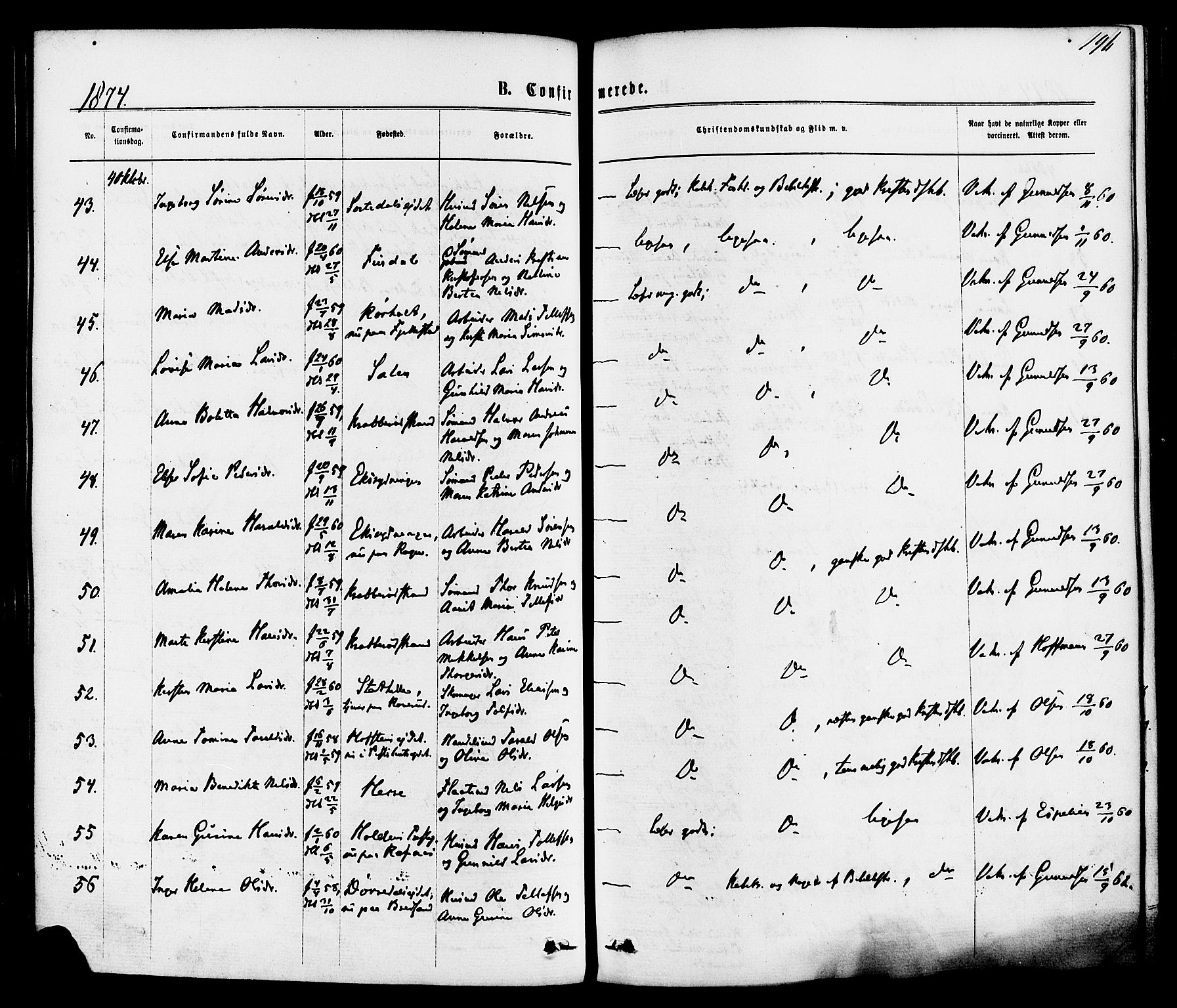 Bamble kirkebøker, SAKO/A-253/F/Fa/L0006: Parish register (official) no. I 6, 1869-1877, p. 196