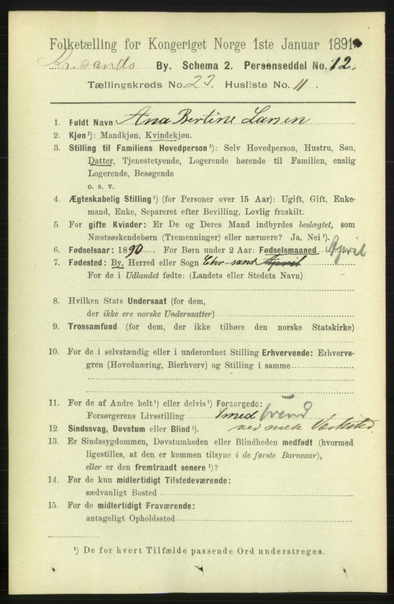 RA, 1891 census for 1001 Kristiansand, 1891, p. 8537