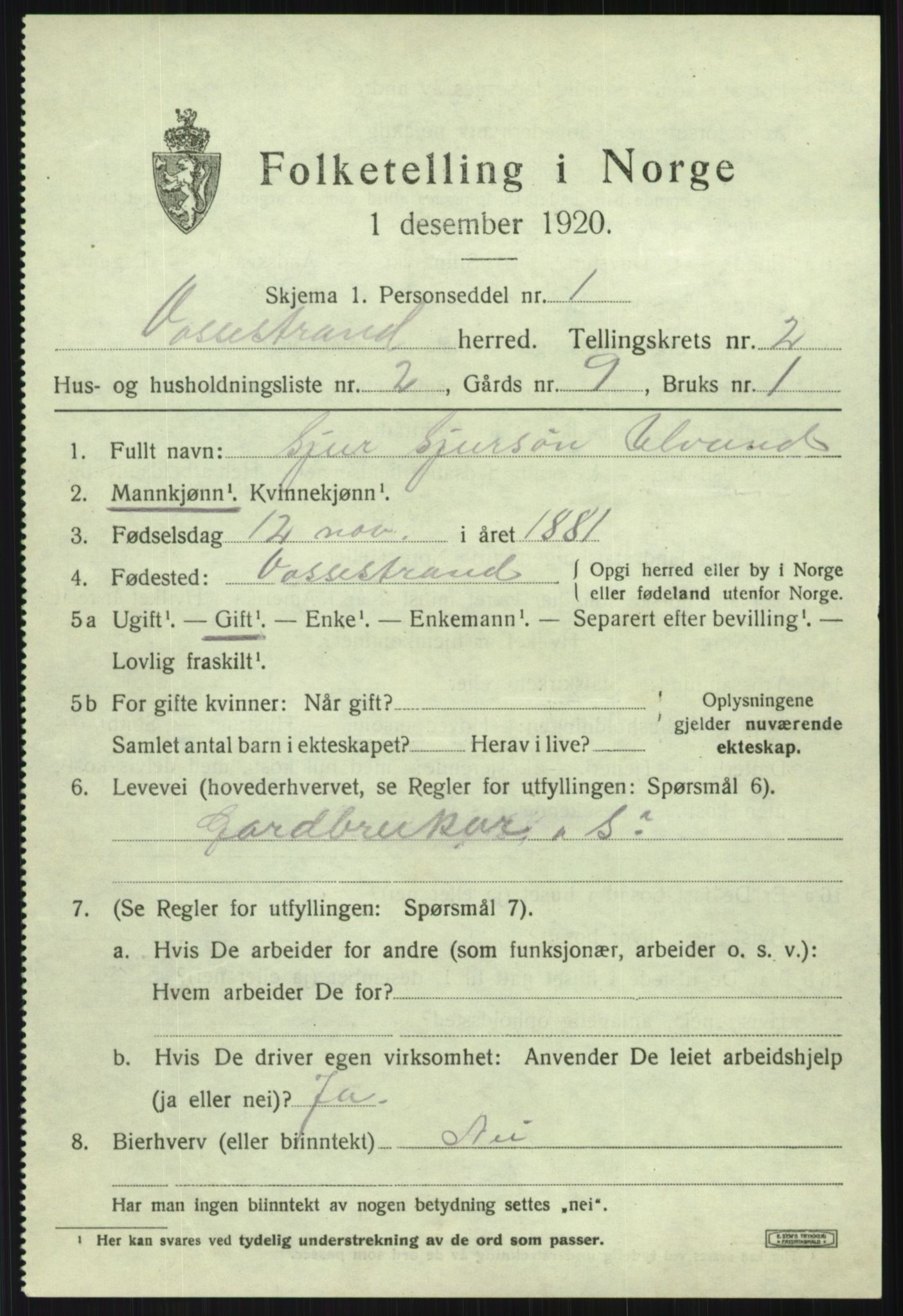 SAB, 1920 census for Vossestrand, 1920, p. 1114