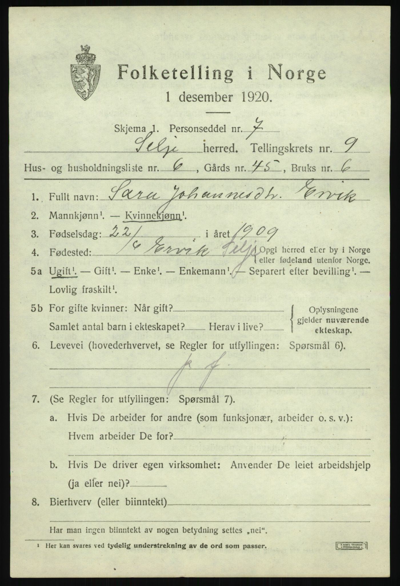 SAB, 1920 census for Selje, 1920, p. 4405
