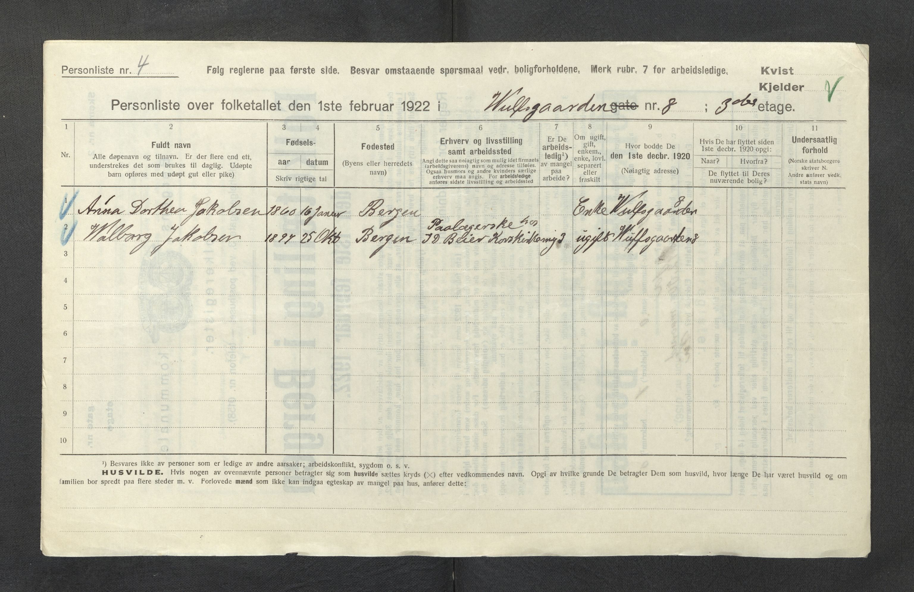 SAB, Municipal Census 1922 for Bergen, 1922, p. 47798