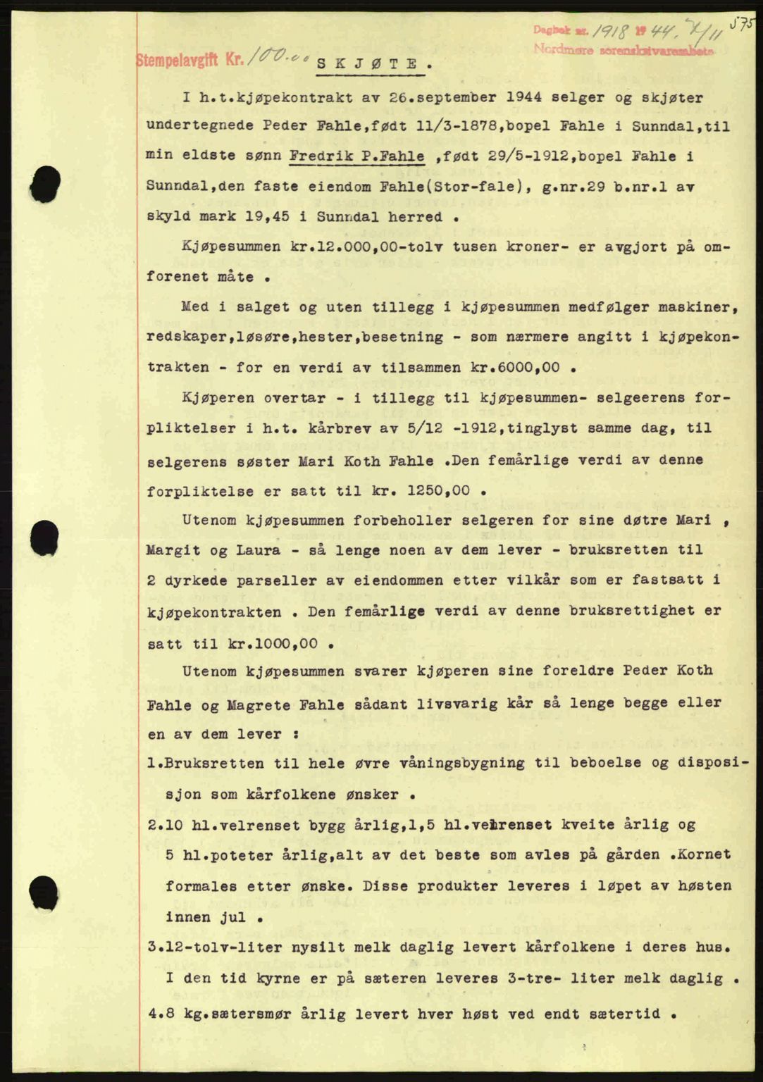 Nordmøre sorenskriveri, AV/SAT-A-4132/1/2/2Ca: Mortgage book no. A98, 1944-1944, Diary no: : 1918/1944