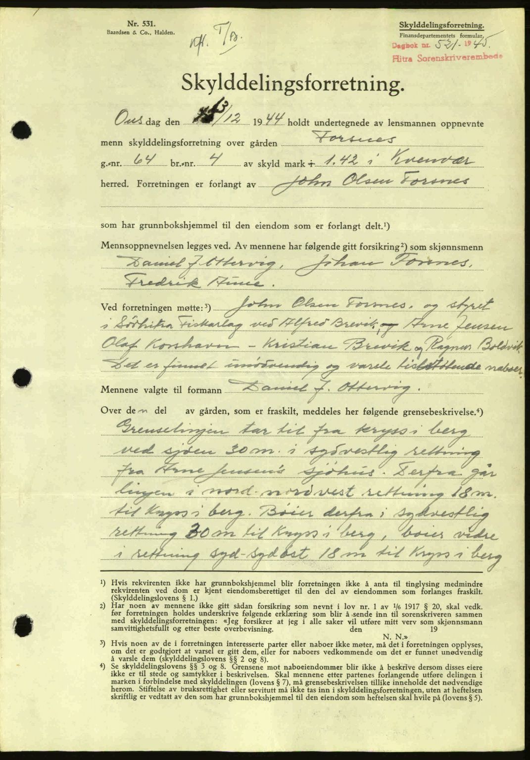 Hitra sorenskriveri, AV/SAT-A-0018/2/2C/2Ca: Mortgage book no. A2, 1943-1945, Diary no: : 521/1945