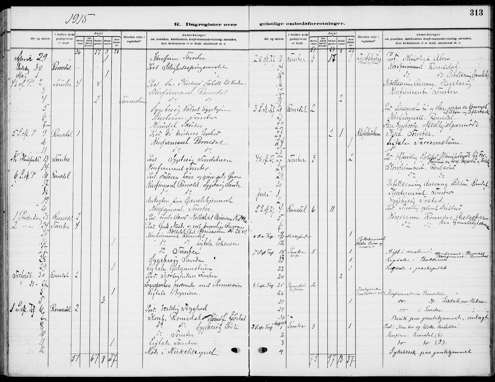 Romedal prestekontor, AV/SAH-PREST-004/K/L0012: Parish register (official) no. 12, 1913-1935, p. 313