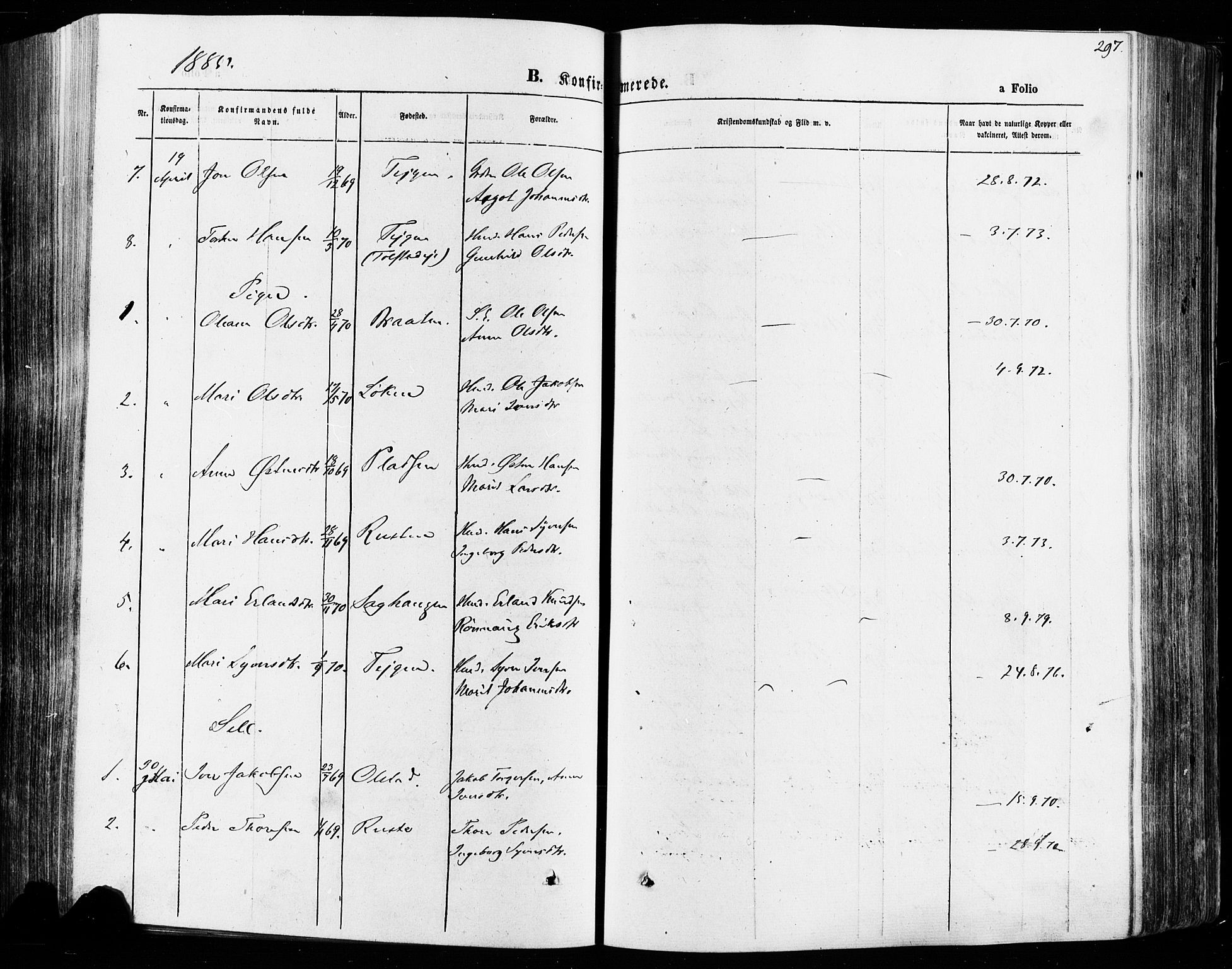 Vågå prestekontor, AV/SAH-PREST-076/H/Ha/Haa/L0007: Parish register (official) no. 7 /1, 1872-1886, p. 297