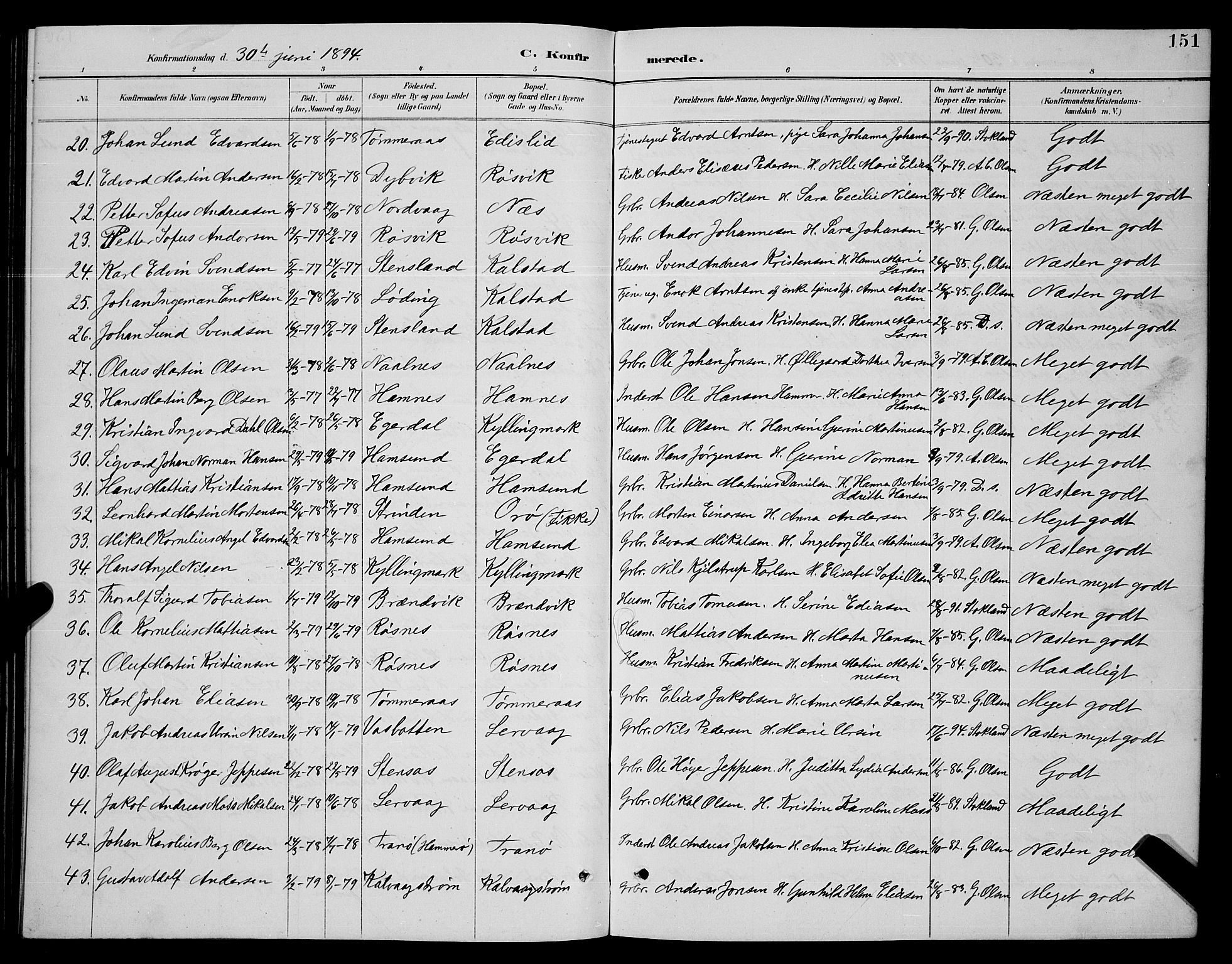 Ministerialprotokoller, klokkerbøker og fødselsregistre - Nordland, SAT/A-1459/859/L0859: Parish register (copy) no. 859C05, 1887-1898, p. 151