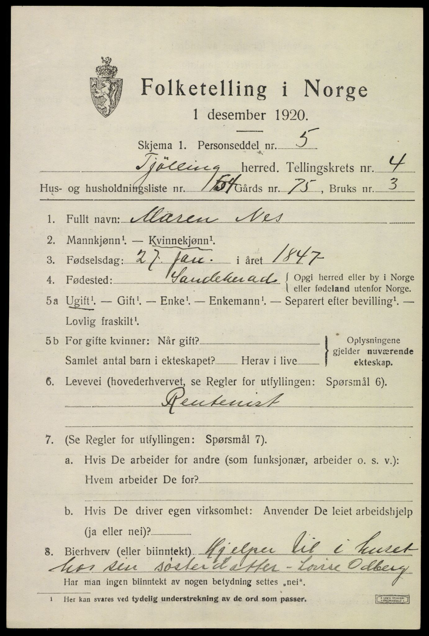 SAKO, 1920 census for Tjølling, 1920, p. 8165