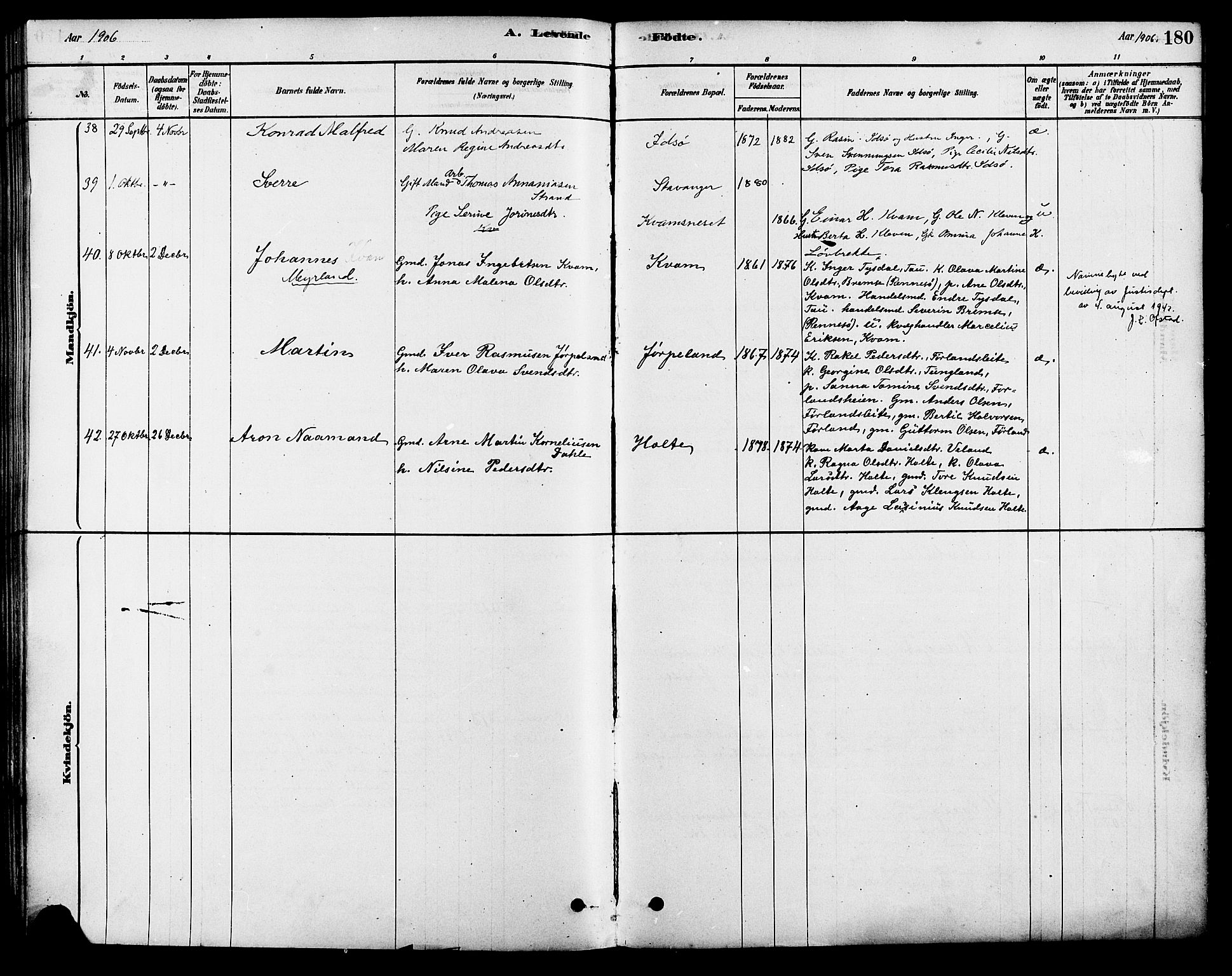 Strand sokneprestkontor, SAST/A-101828/H/Ha/Haa/L0009: Parish register (official) no. A 9, 1877-1908, p. 180