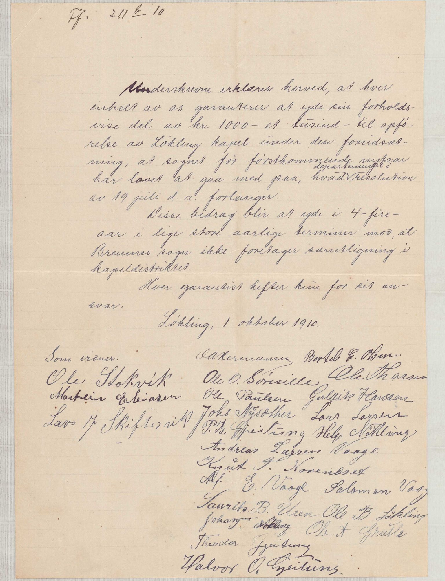 Finnaas kommune. Formannskapet, IKAH/1218a-021/D/Da/L0001/0006: Korrespondanse / saker / Kapellkyrkje på Løkling, 1906-1910, p. 33