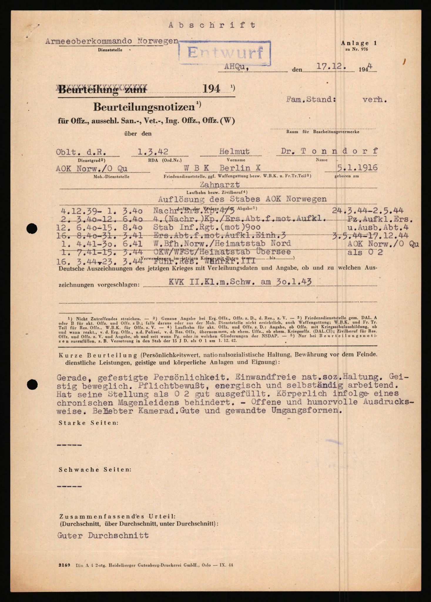 Forsvarets Overkommando. 2 kontor. Arkiv 11.4. Spredte tyske arkivsaker, AV/RA-RAFA-7031/D/Dar/Dara/L0019: Personalbøker og diverse, 1940-1945, p. 456