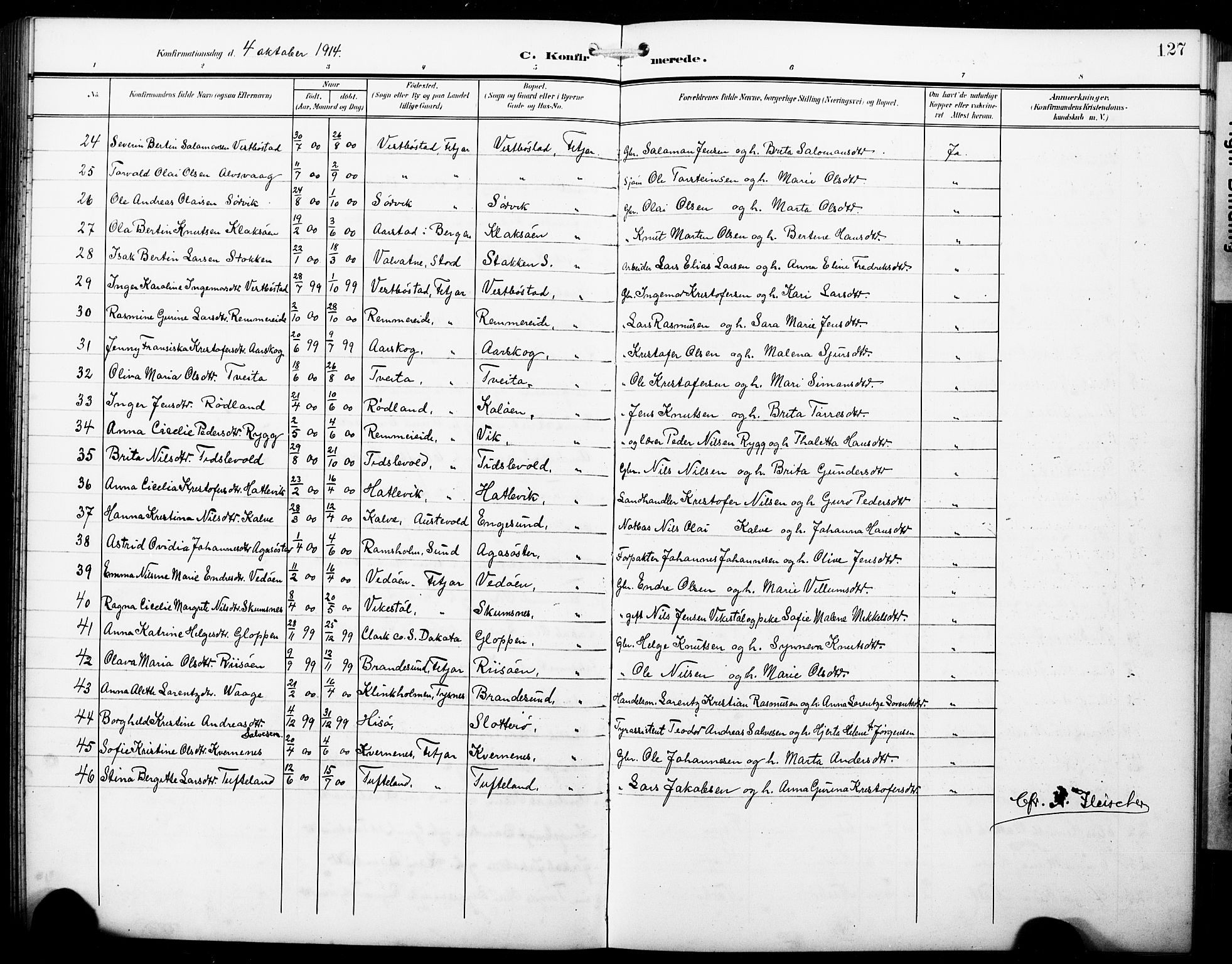 Fitjar sokneprestembete, SAB/A-99926: Parish register (copy) no. B 1, 1906-1928, p. 127